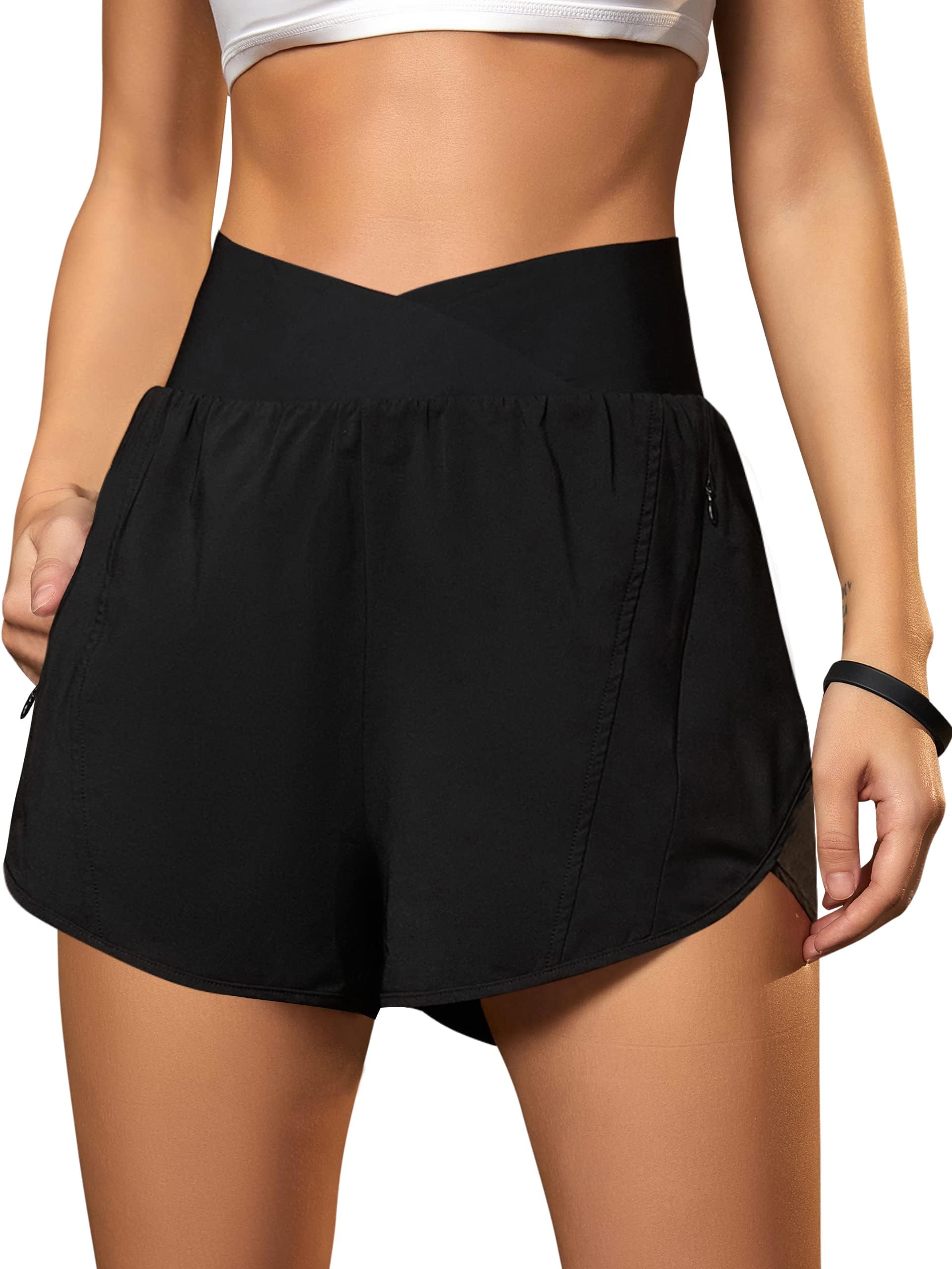 Women's Workout Shorts Athletic Running Shorts Crossover High Waisted Gym Shorts with Zipper Pockets