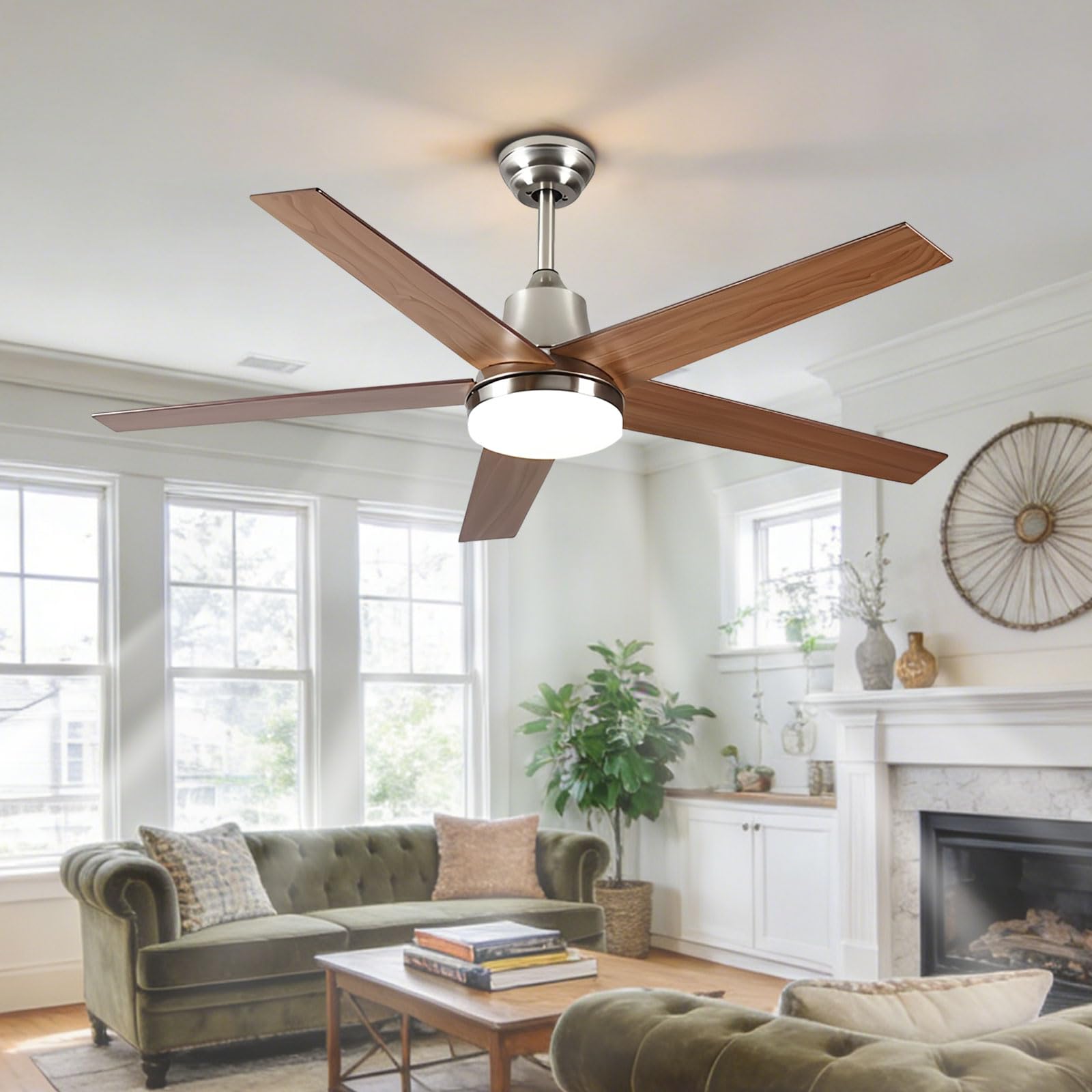 SXDMOUBK Matte Nickel Ceiling Fan With Light 52in Smart Remote/APP/Voice Control, 6 Speeds, Vintage Quiet Fans Dimmable LED for Bedroom Dining Room Living