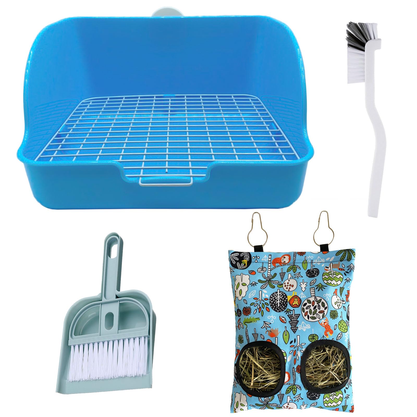 Rabbit Litter Box with Hay Bag, 4-in-1 Rabbit Potty Toilet Feeding Cleaning Set for Dwarf Bunny Guinea Pig Chinchilla (Blue)