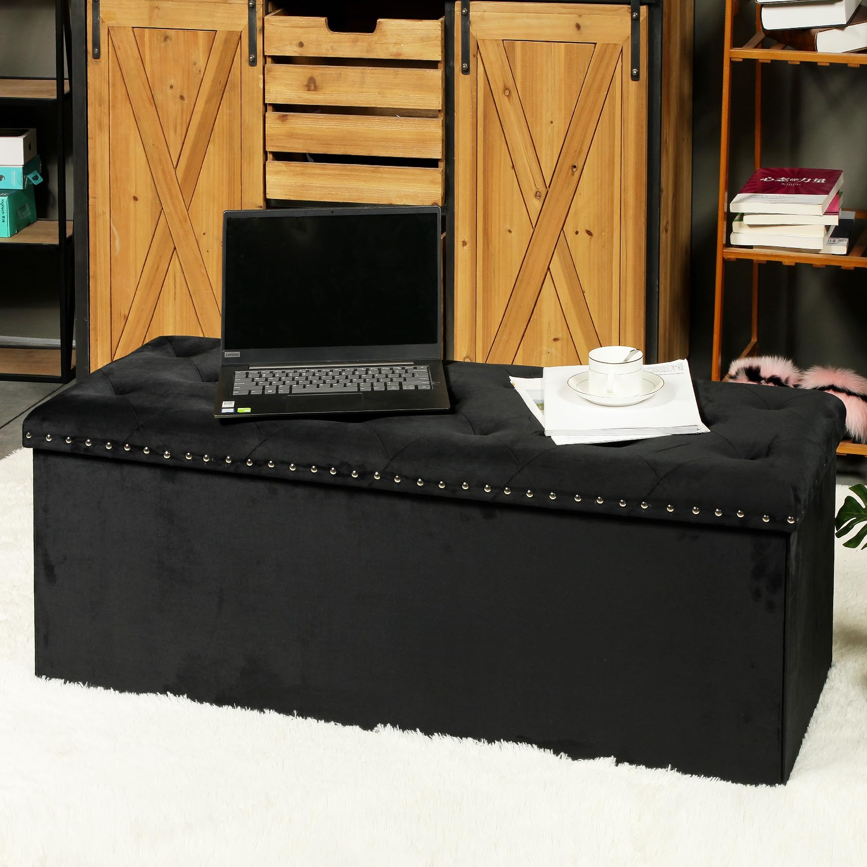 Banco otomano de almacenamiento negro con bancos, taburete para reposapiés, grande y largo, plegable, de terciopelo, para dormitorio, sala de estar, 43.3 x 15.7 x 15.7 pulgadas 4