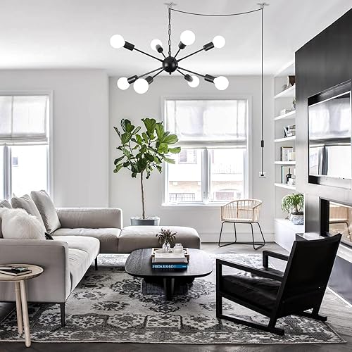 Miniatura 5 de ALISADABOY Candelabro enchufable para comedor, lámpara de araña negra enchufable, luz Sputnik con cable de 16.4 pies, 8 luces colgantes Sputnik para
