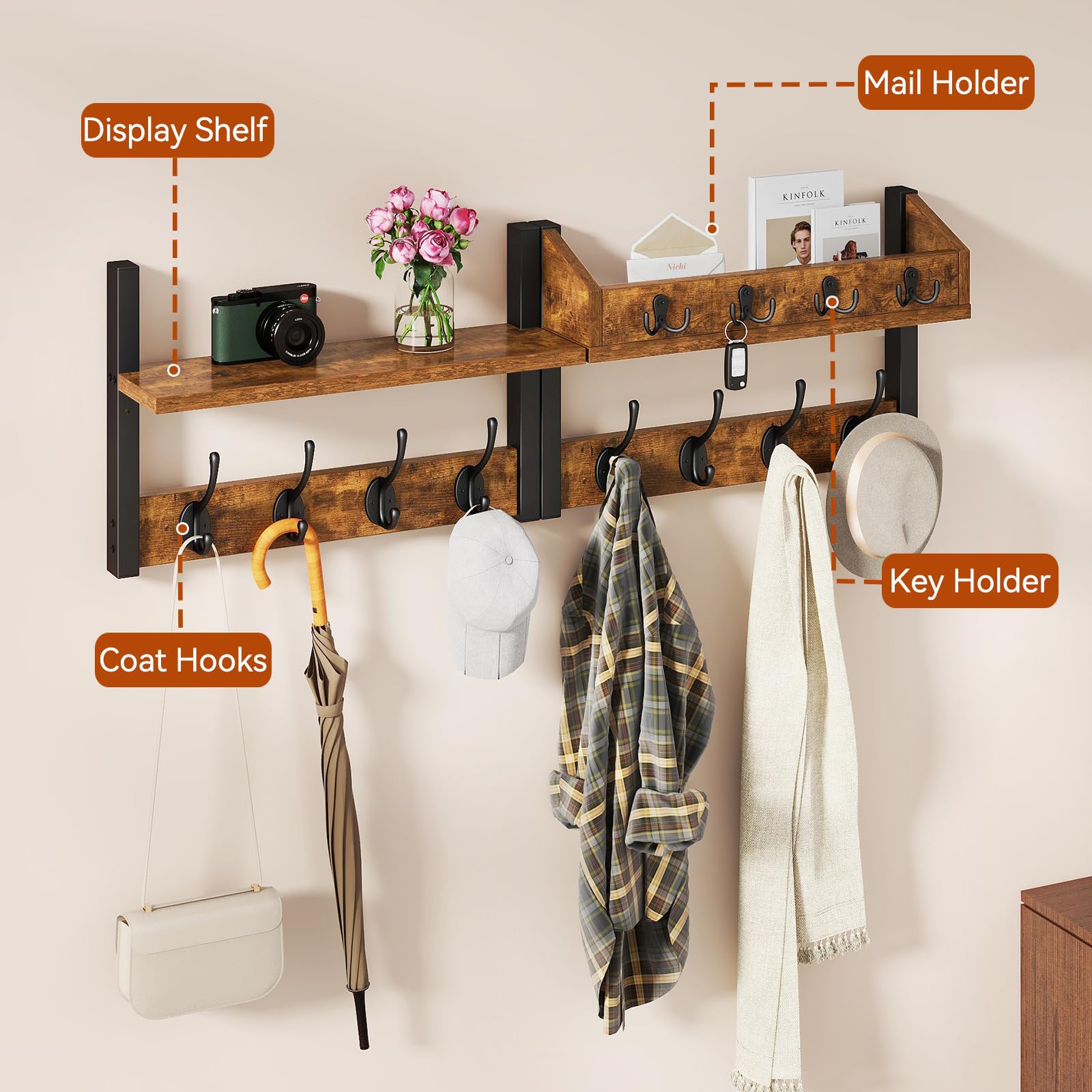 YMYNY 4 in 1 Appendiabiti da Parete con Mensola Design, Attaccapanni da Muro in Legno con 12 Ganci Moderno per Ingresso, Cameretta e Bagno, Marrone Rustico, HWS007H-2