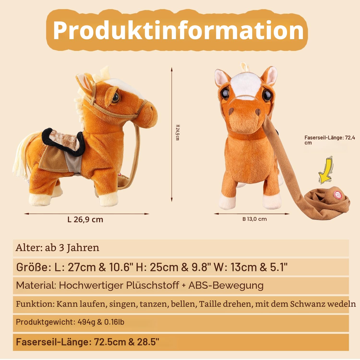 Marsjoy Braun Plüschtier Interaktives Pony Spielzeug Pferd der Läuft und Bellt, Kinder Mädchen Spielzeug, Elektronisches Haustier Plüschtier mit Gehen, Bellen Singen Funktion Lauf- und Soundfunktion