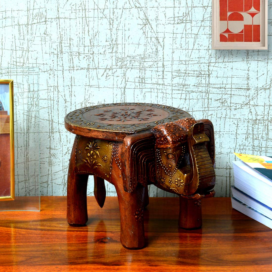 Handpainted Wooden Elephant Stool - Copper Finish -8 Handpainted Wooden Elephant Stool - Copper Finish -8
