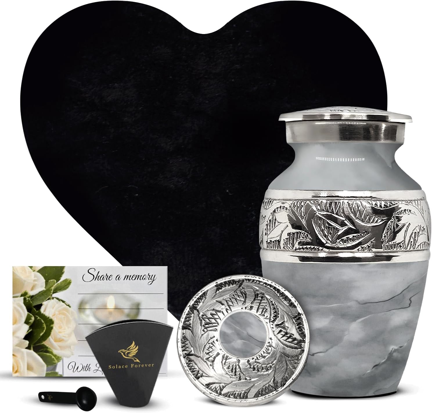Small Urns for Human Ashes with Velvet Heart Case - Brass Hand Engraved - Mini Memorial Urn for Ashes - Gray Keepsake Cremation Urn for Mom, Dad, Baby & Someone Special