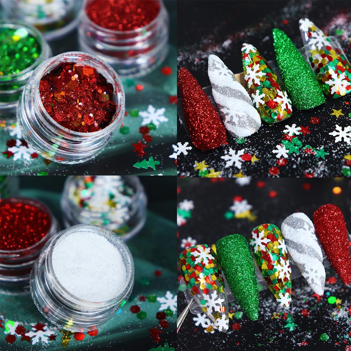 Christmas Nail Snowflake Glitter Powder Red Green Nail Charms Sequins Winter Holographic White Crystal Diamond Ice Aurora Sugar Sandy Dust Nail Powder for Face Hair Nails Design Decoration