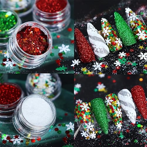 Miniatura 6 de Dijes de uñas de Navidad con purpurina en polvo rojo y verde para uñas, lentejuelas, holográfico, blanco, diamante, hielo, aurora, azúcar, arena,