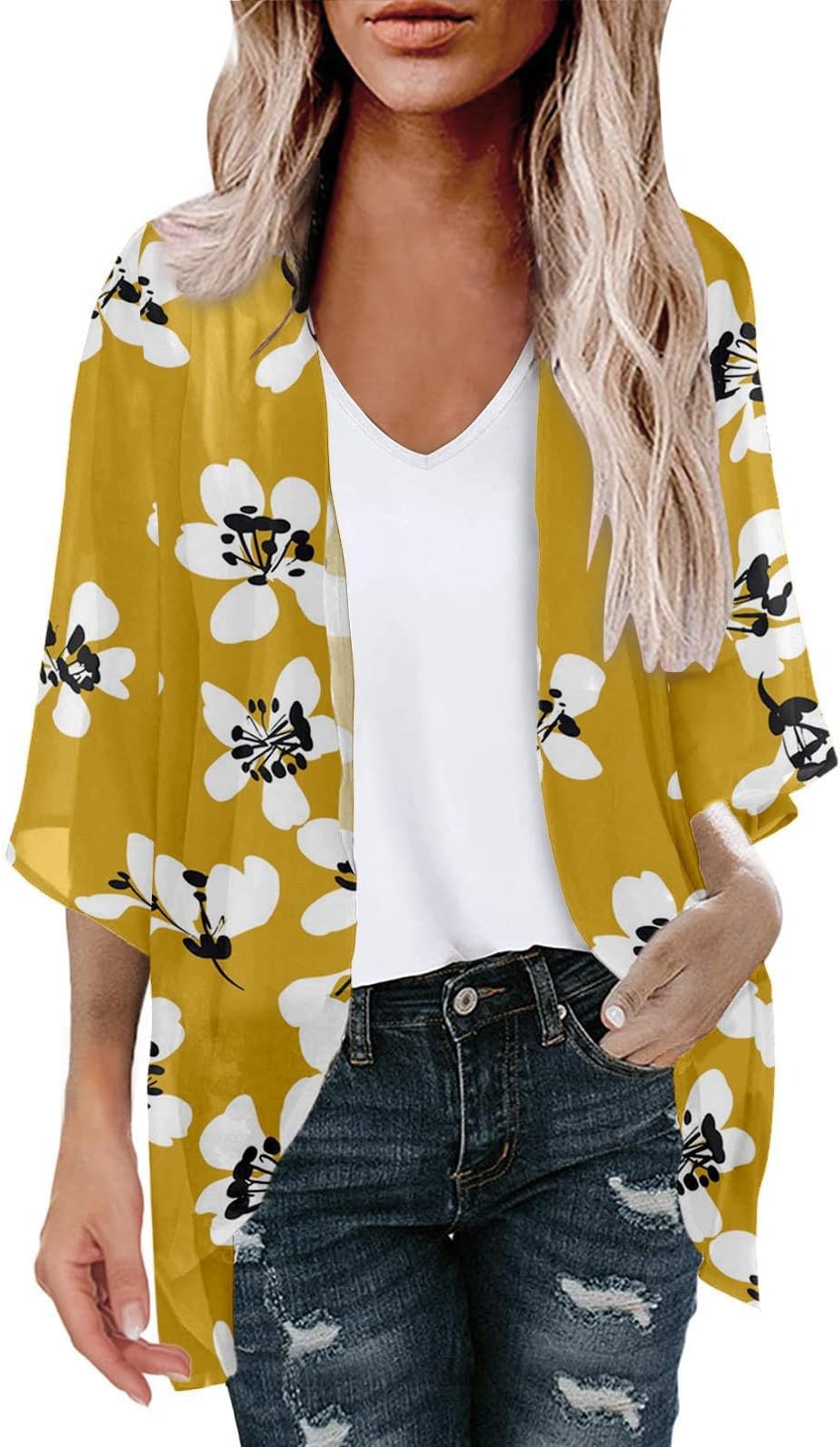 Kimonos for Women Boho Floral Print Summer Chiffon Cardigan Loose Half Sleeve Blouses Casual Beach Cover Ups
