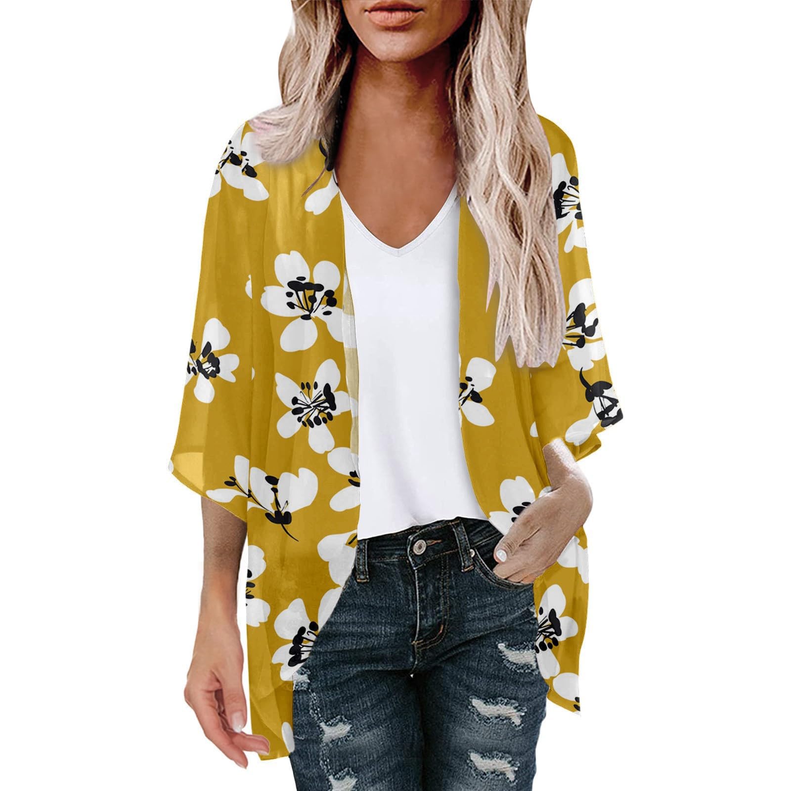 Kimonos for Women Boho Floral Print Summer Chiffon Cardigan Loose Half Sleeve Blouses Casual Beach Cover Ups