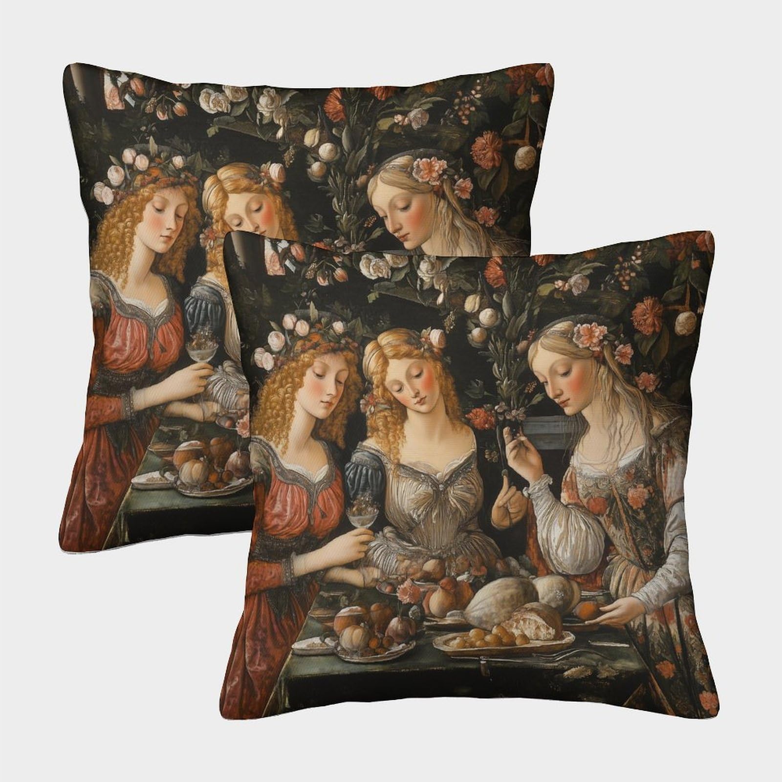 kaiyun 2 Pack Throw Pillowcase 40x40cmFeast, Table, Flowers Pattern Cushion Cover Renaissance Style Home Decoration