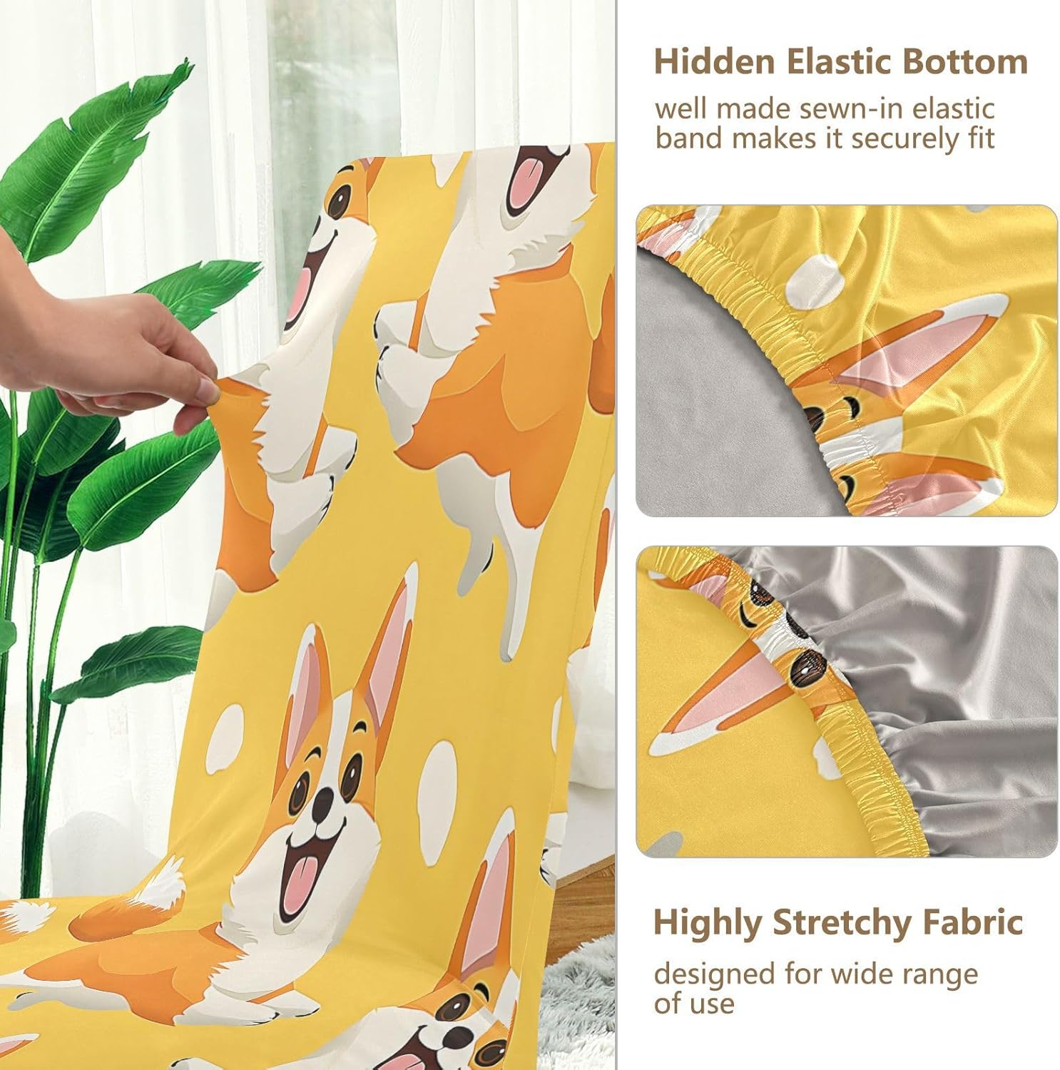 ALAZA Chair Covers for Dining Room, Yellow Corgi Dogs Pattern Stretch Chair Cover Sets Chair Protector Removable Washable for Ktichen Restaurant Hotel