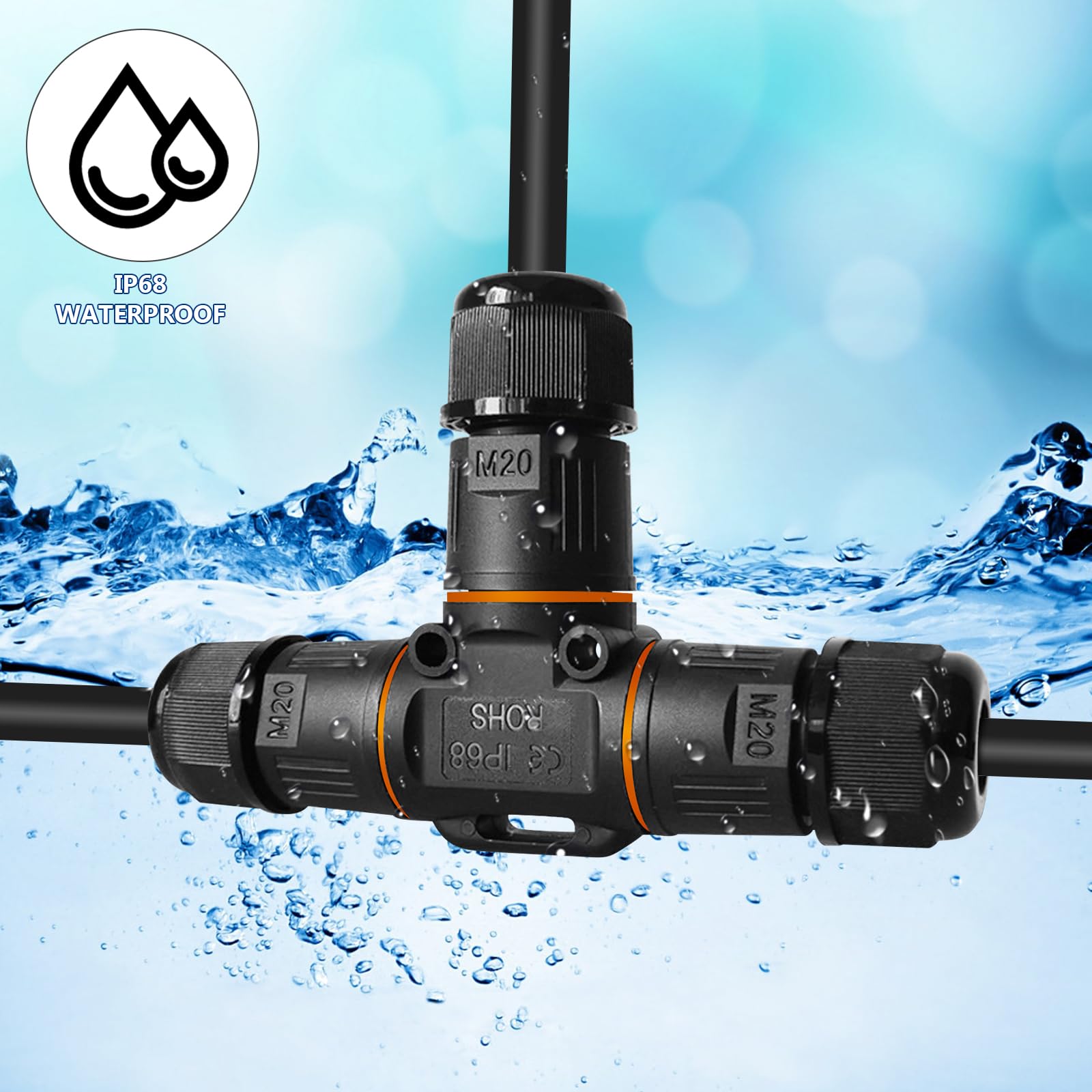 IP68 waterdichte kabelverbinder, 3-pins kabelverbinder, T-vorm, verdeeldoos, verbindingsmof, waterdicht, voor kabeldiameter 3-12 mm IP68 waterdichte kabelverbinder, 3-pins kabelverbinder, T-vorm, verdeeldoos, verbindingsmof, waterdicht, voor kabeldiameter 3-12 mm