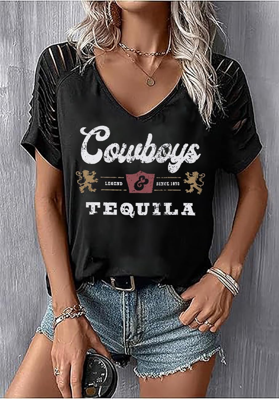 Western Cowboy T-Shirt Women Cut Out Cold Shoulder Tops Retro Country Concert Tee Short Sleeve V Neck Rodeo Shirt - Image 3