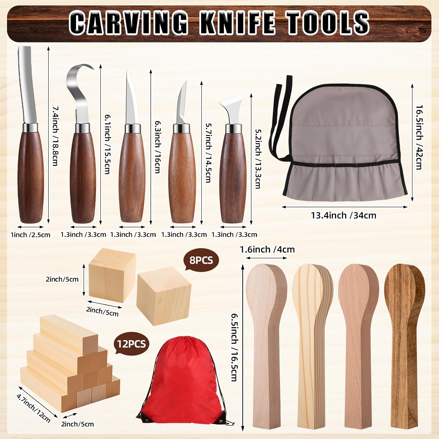 Therwen 27 Pcs Wood Carving Kit, 5 Pcs Wood Carving Tools with Storage Bag, Whittling Kit with 18Pcs Whittling Blocks and 4 pre Shaped Spoon Blanks and Drawstring Carry Bag for Crafts Beginners