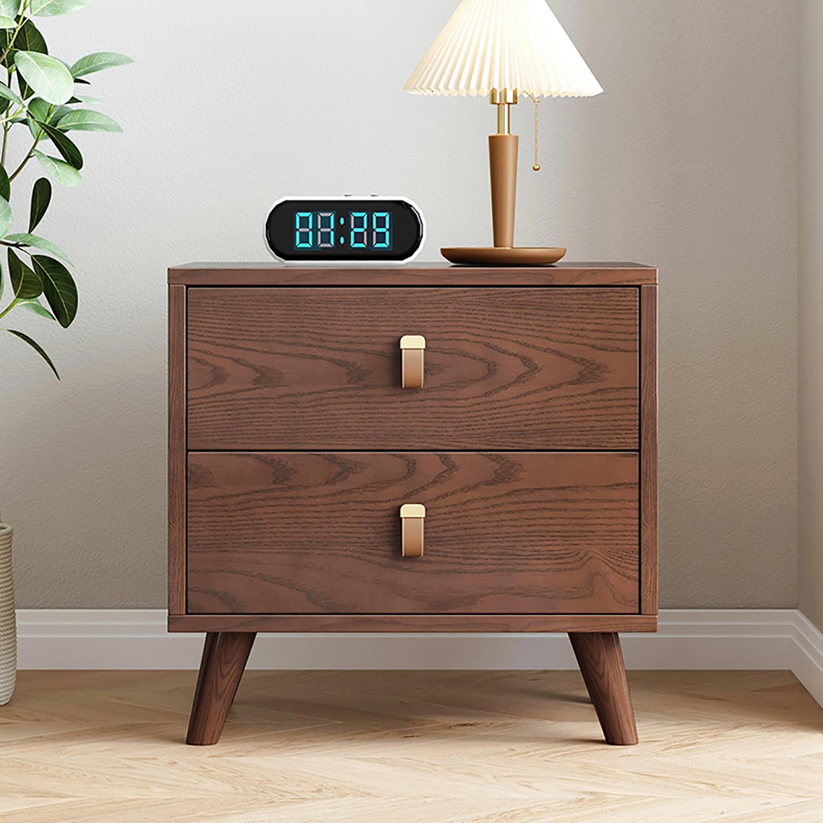 Table de chevet en bois massif marron à 2 tiroirs pour rangement de chambre vintage