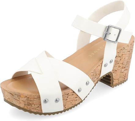 Journee Womens Crisscross Studded Chunky Block Cork Heel Buckle Ankle Strap Open Round Toe Valentina Platform