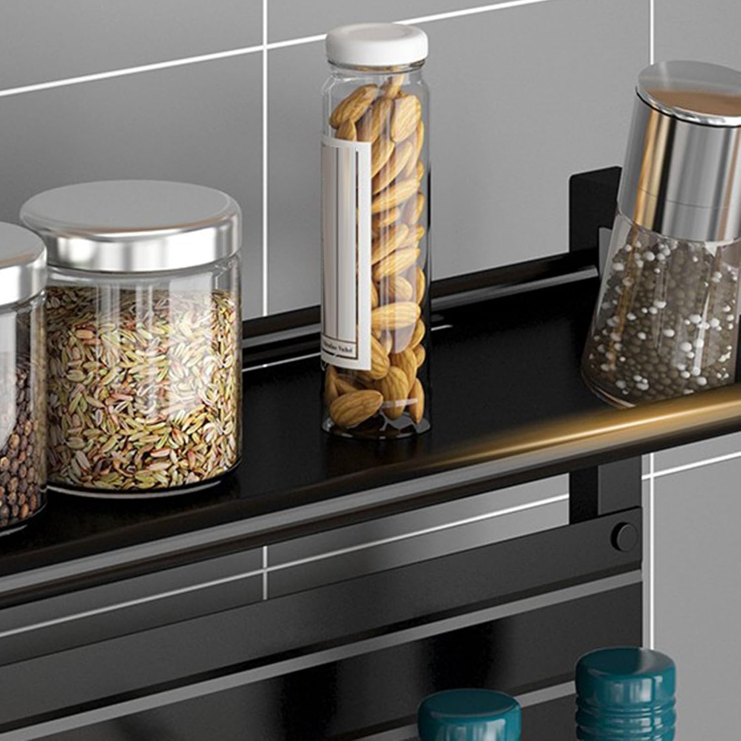 3 Tier Seasoning Rack Knife Holder Utensil Storage Shelf, Black Stainless Steel Counter Storage Shelf Standing Condiments Rack 15.75 x 5.12 x 20.87in for Countertop Kitchen