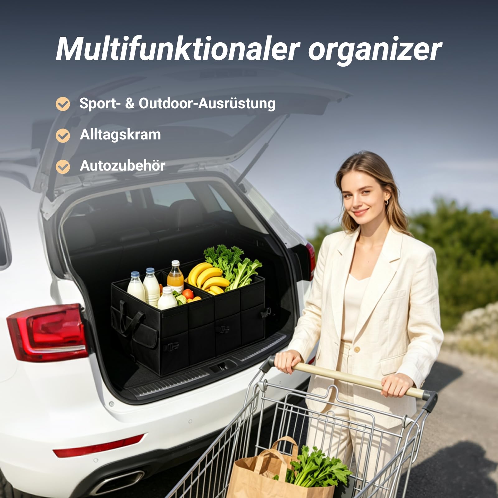 Kofferraum Organizer mit Deckel, Kofferraumtasche Faltbar & Rutschfest, Auto Aufbewahrungsbox Stabiler Auto Organizer für SUV, Kombi & PKW, Oxford Gewebe Autozubehör, Schwarz