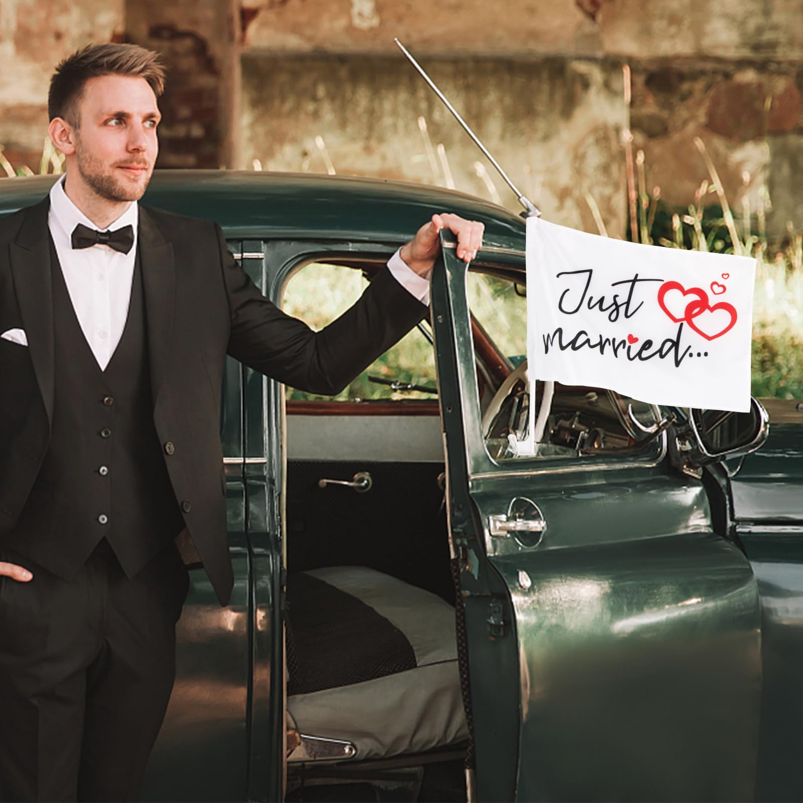 BOFUNX 2pcs Just Married Flag Car Decoration Wedding Auto Bandiera Matrimonio