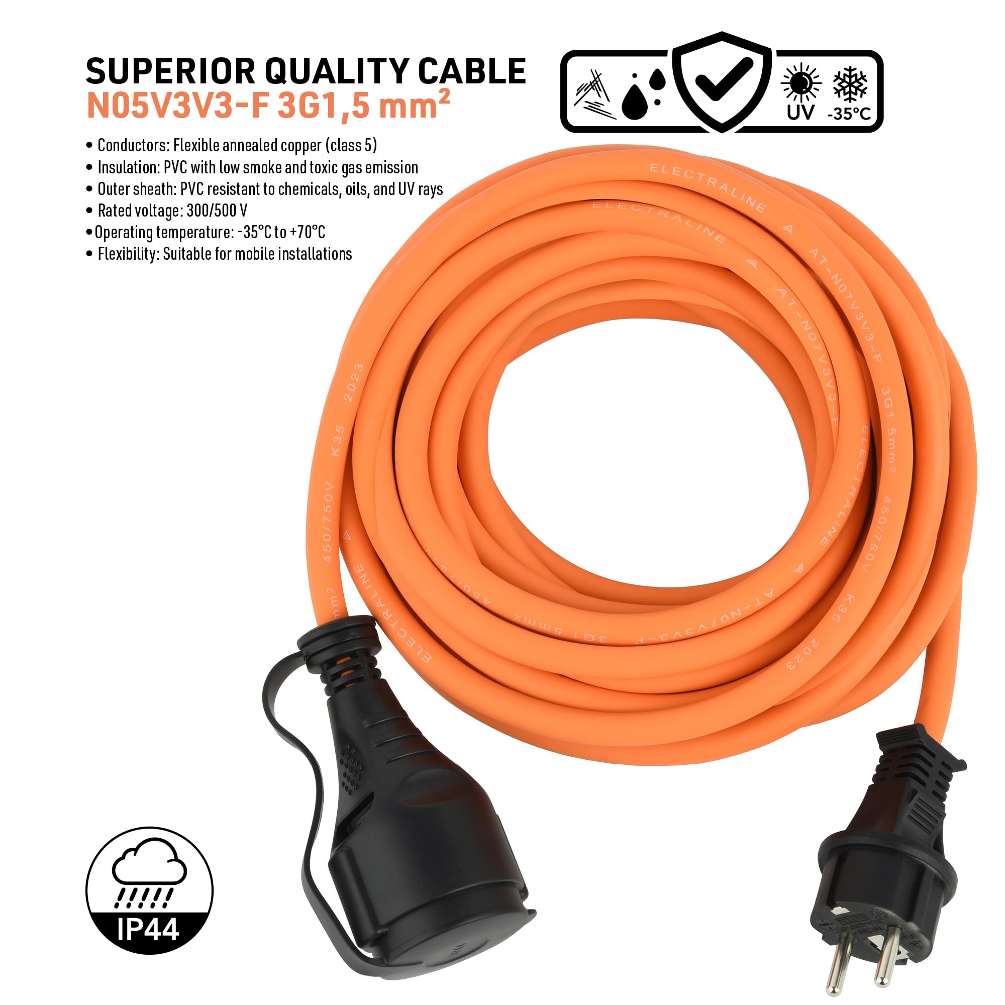 Electraline 01673 Cable de extensión IP44 25 m para exteriores, especial N05V3V3-F 3G1.5, hasta -35 °C, resistente al aceite y a los rayos UV, muy resistente a la abrasión, con tomas de seguridad