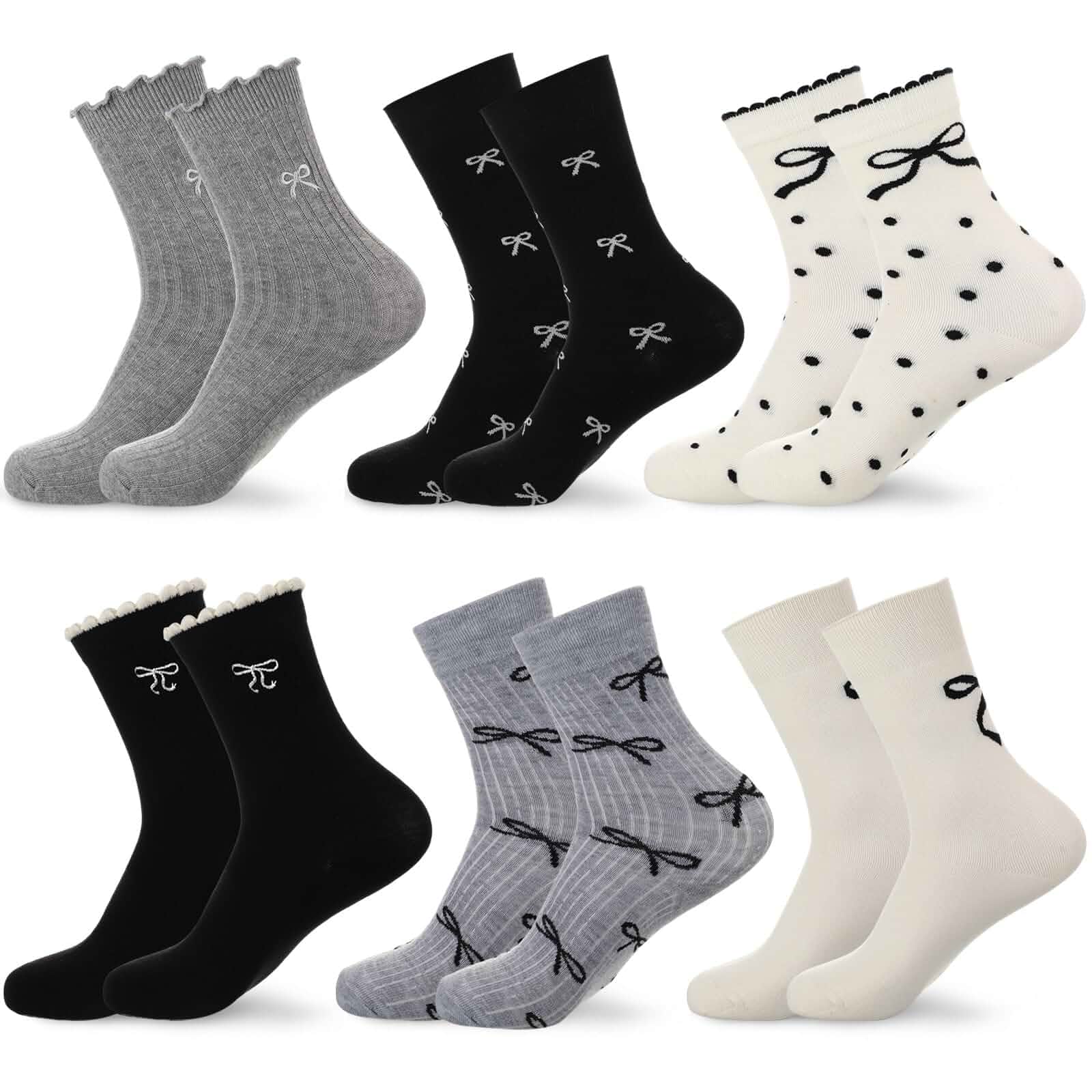 Glitopper 6 Pairs Coquette Socks Women Cute Bow Floral Kawaii Ruffles Crew Ankle Mid Tube Sock Frilly Lace Cottagecore Christmas Gift Flower Breathable Pretty Girly Aesthetic Clothes