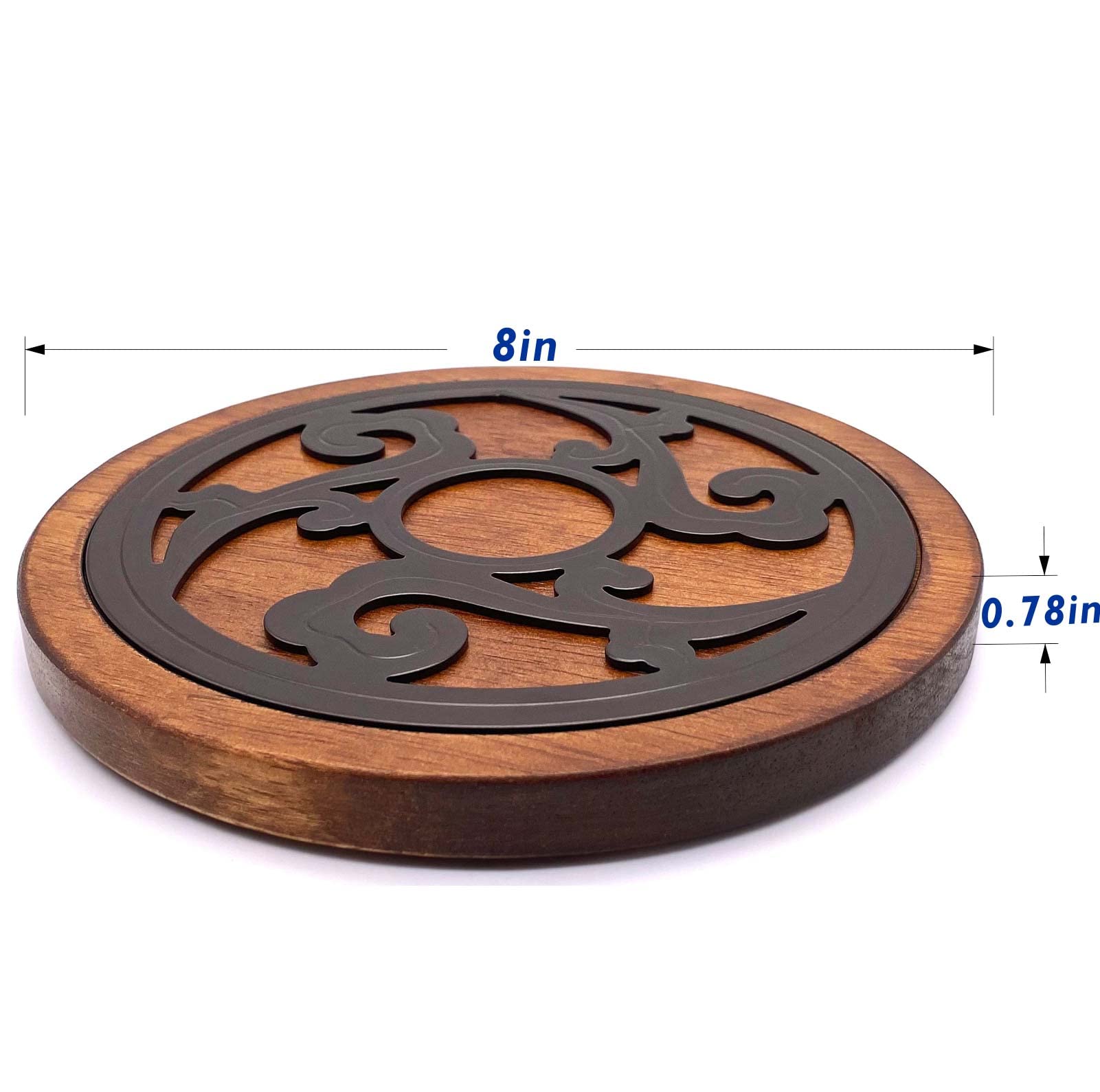 Untersetzer aus Gusseisen mit Holz, 2 Stück, Holzuntersetzer für heiße Gerichte, 20,3 cm, runde Küchen-Heißpads für Tisch und Küchentheke, hitzebeständig, rostfrei, rutschfest, langlebig,