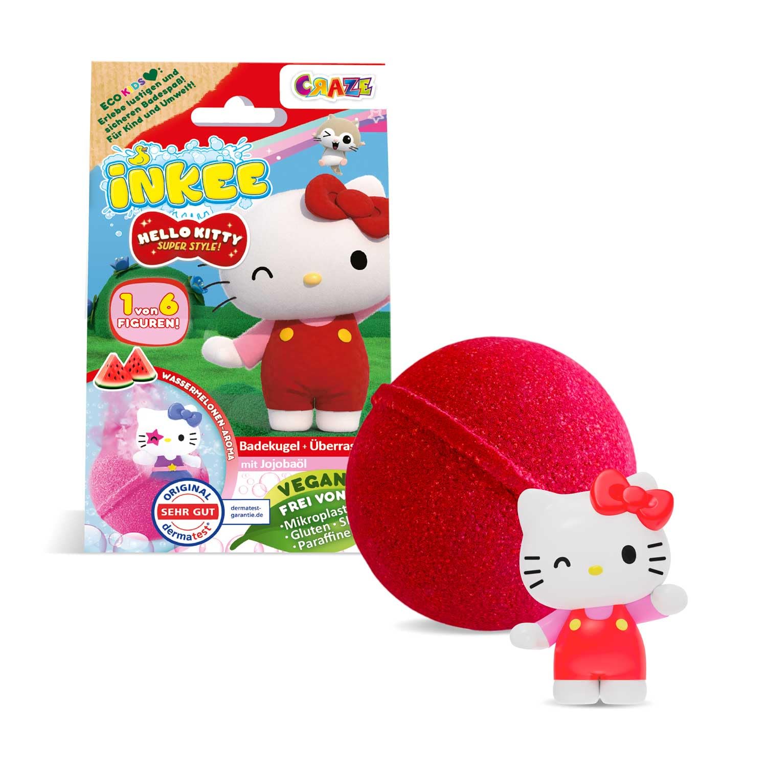 INKEE Hello Kitty – Bomba da bagno per bambini con sorpresa – 1 di 6 personaggi Hello Kitty da collezionare – Palla da bagno 80 g con aroma di anguria e olio di jojoba, rosa o rosso