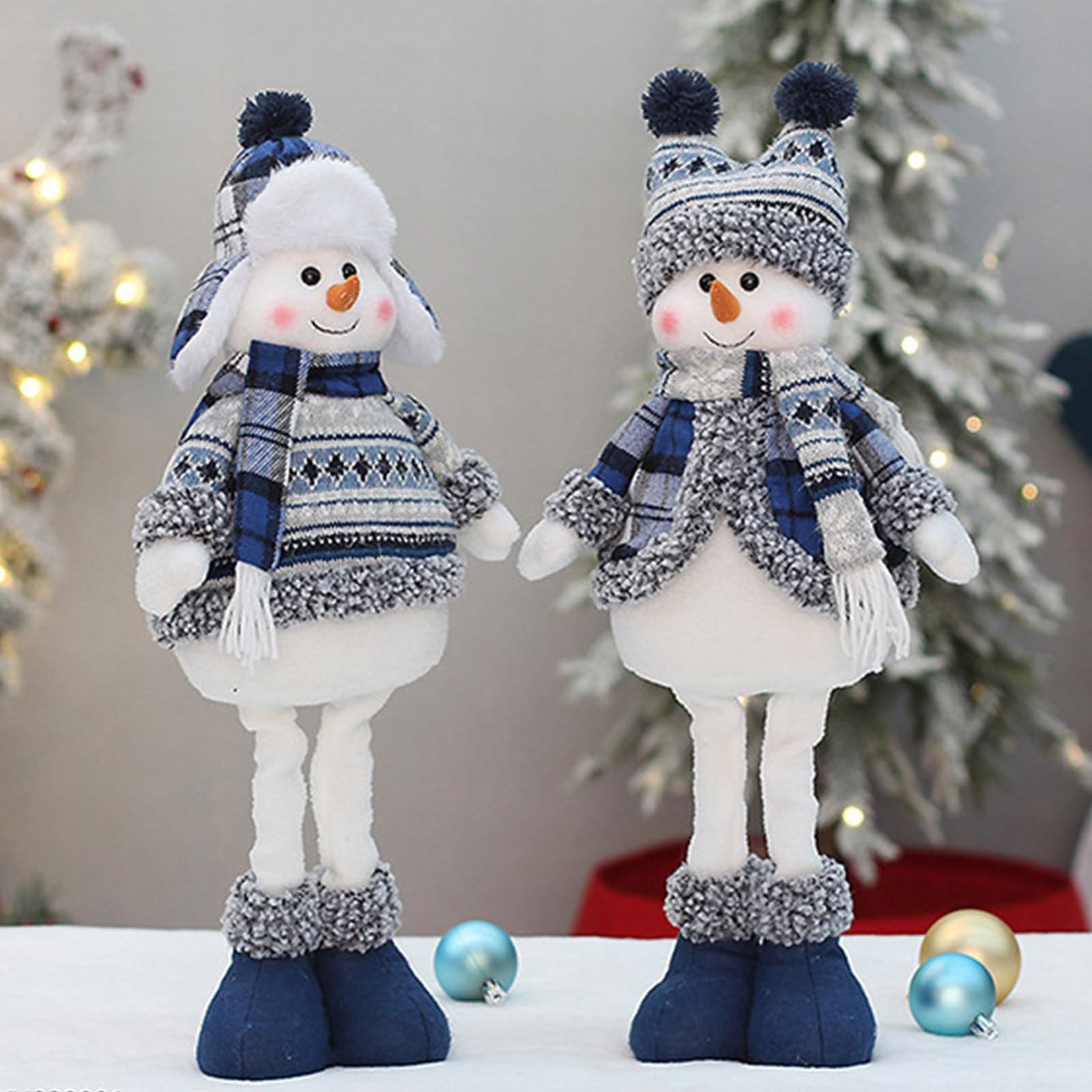 Bonhomme de neige bleu décoration de Noël portant un chapeau chaud et une écharpe en tissu peluche télescopique figurine de bonhomme de neige debout poupée décoration bureau