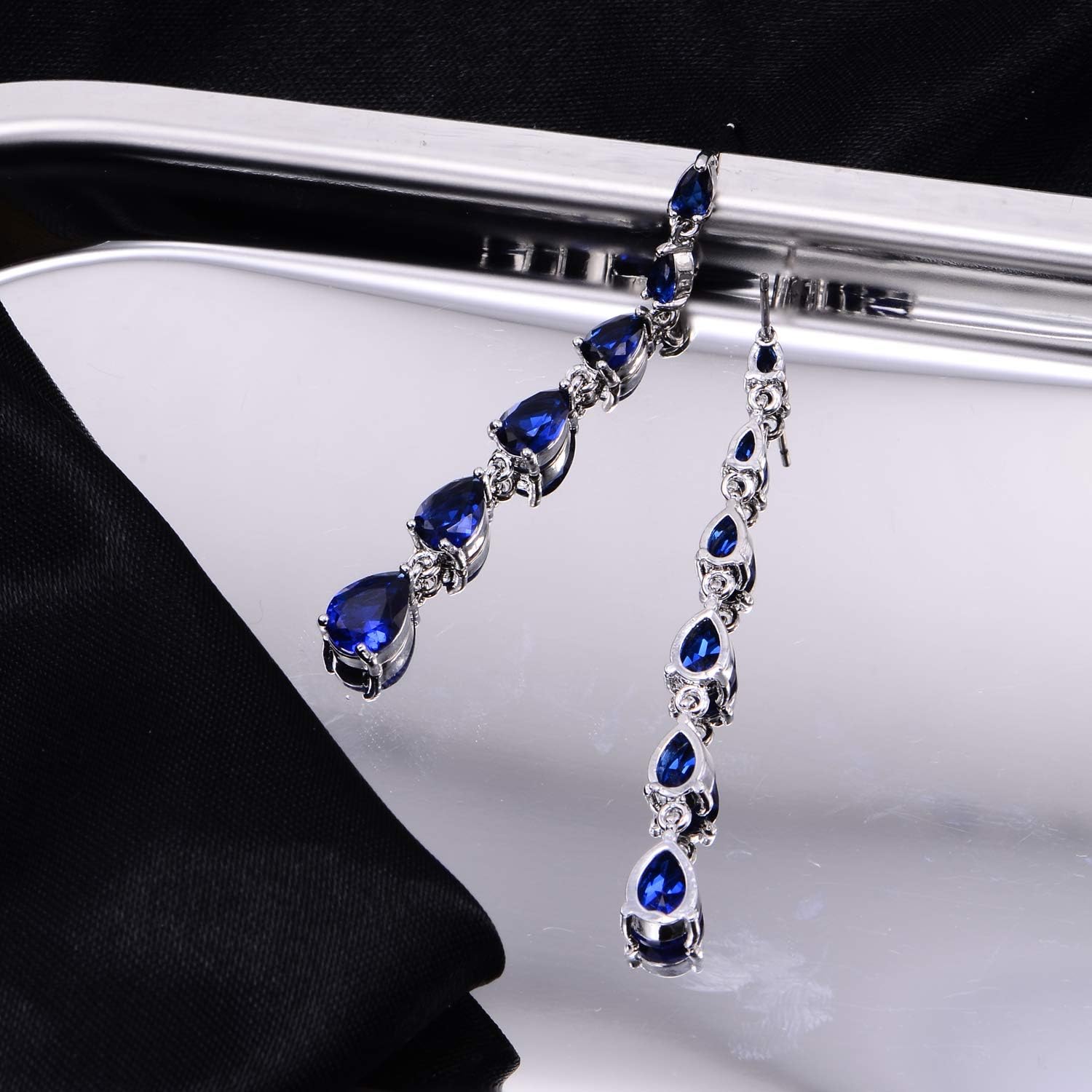 CZ Linear Earrings for Women Girls Sterling Silver Multi Teardrop Cubic Zirconia Crystal Simulated Diamond Rhinestone Long Bridal Dangle Drop Post Earrings for Wedding Prom Party Bride Bridesmaids - Image 4