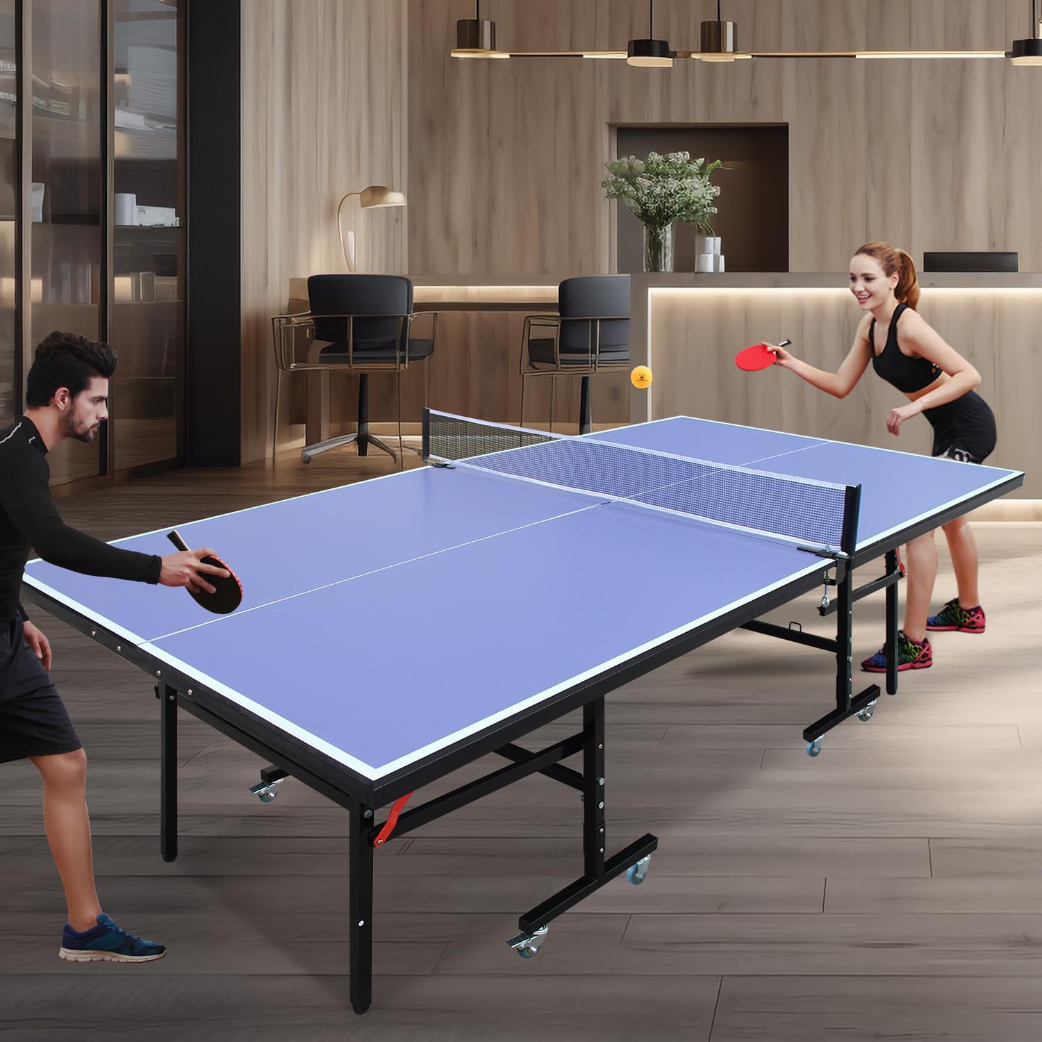 Table Tennis Table Indoor Foldable Table Tennis Game Set, 8-Feet Single Play Mode Table with Net Pole Set, 2 Pars and 3 Balls