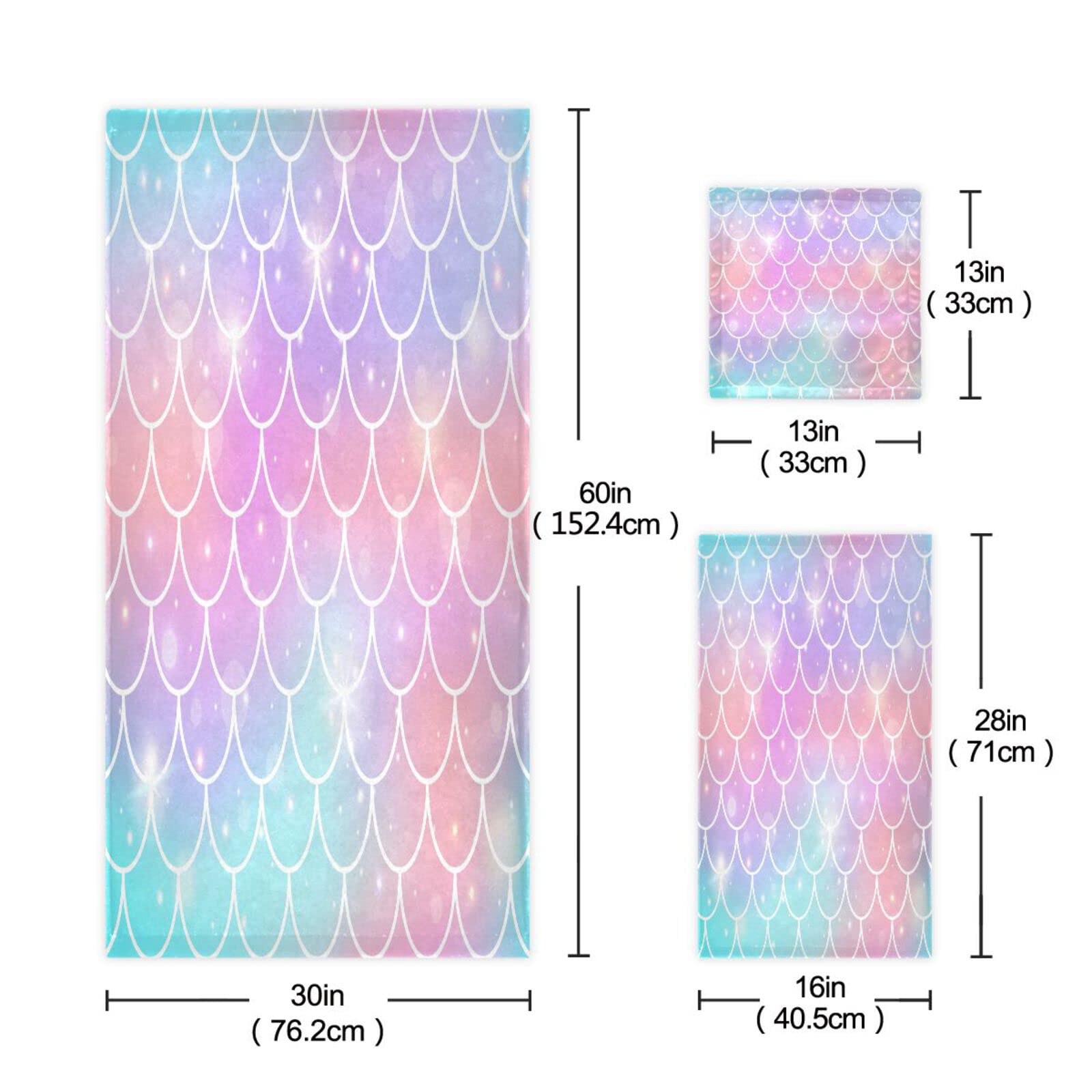 Lindas Escamas Arcoiris Brillo Juego de Toallas para Baño Playa 100% Algodón de Piscina Toalla (1 Toalla de Baño y 1 Toalla de Mano y 1 Paño de Lavado) para Nadar Hotel Niñas Niños Niños