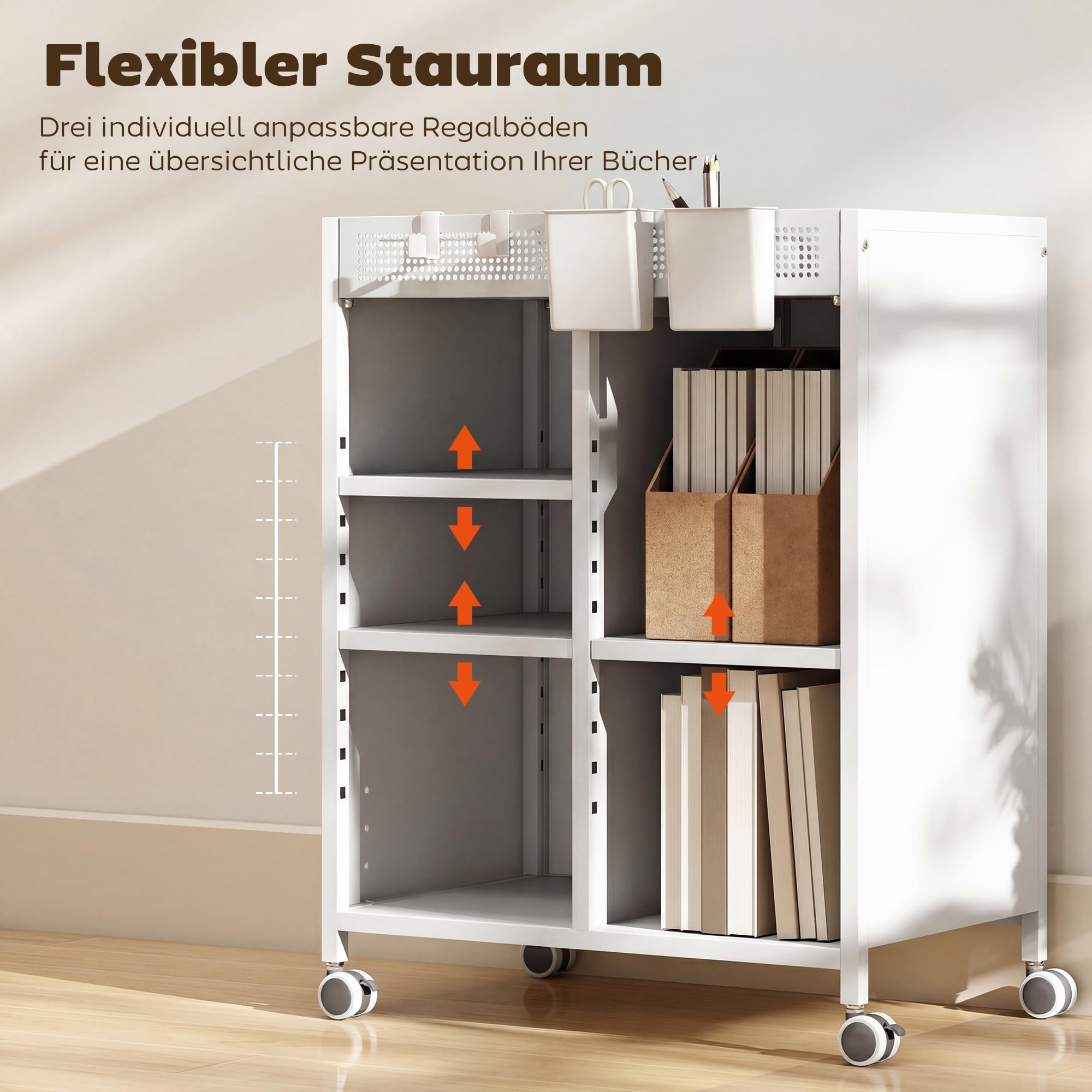 HOMCOM Bücherregal mit Rollen, Bücherwagen mit 4 Ebenen, oberem Aufbewahrungskorb, verstellbaren Regalen, Rollwagen für Zuhause, Wohnzimmer, Büro, Weiß