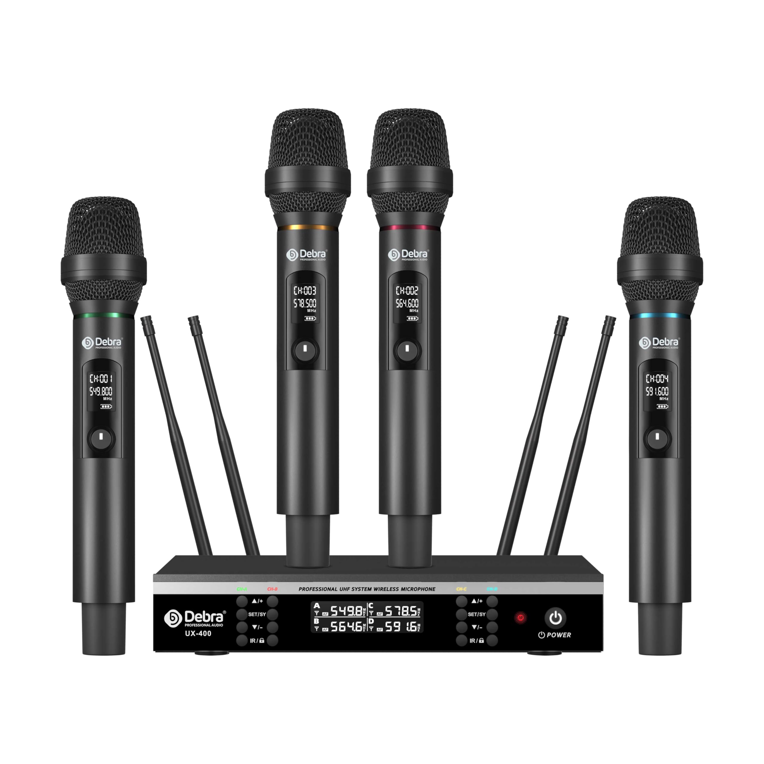 D Debra UX-400 Micros sans Fil UHF, 4 Canaux Rechargeables Scène Karaoké