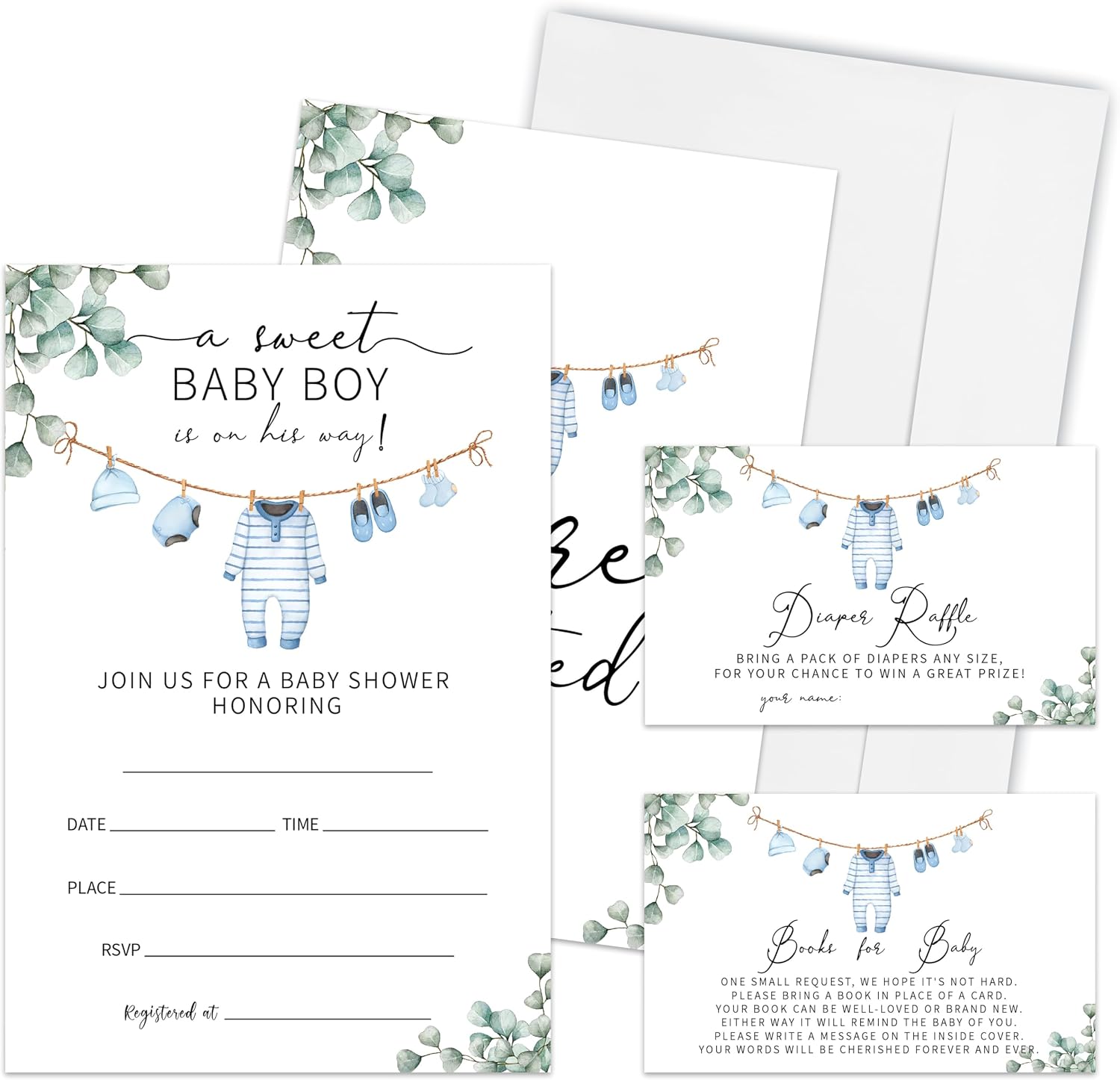 A Little Cowboy Is On The Way Baby Shower Invitation For Boys Girls - Set Of 25 Gender Reveal Invitations With Diaper Raffle Tickets And Book Request - Baby Announcement Party Favor & Supplies - A07