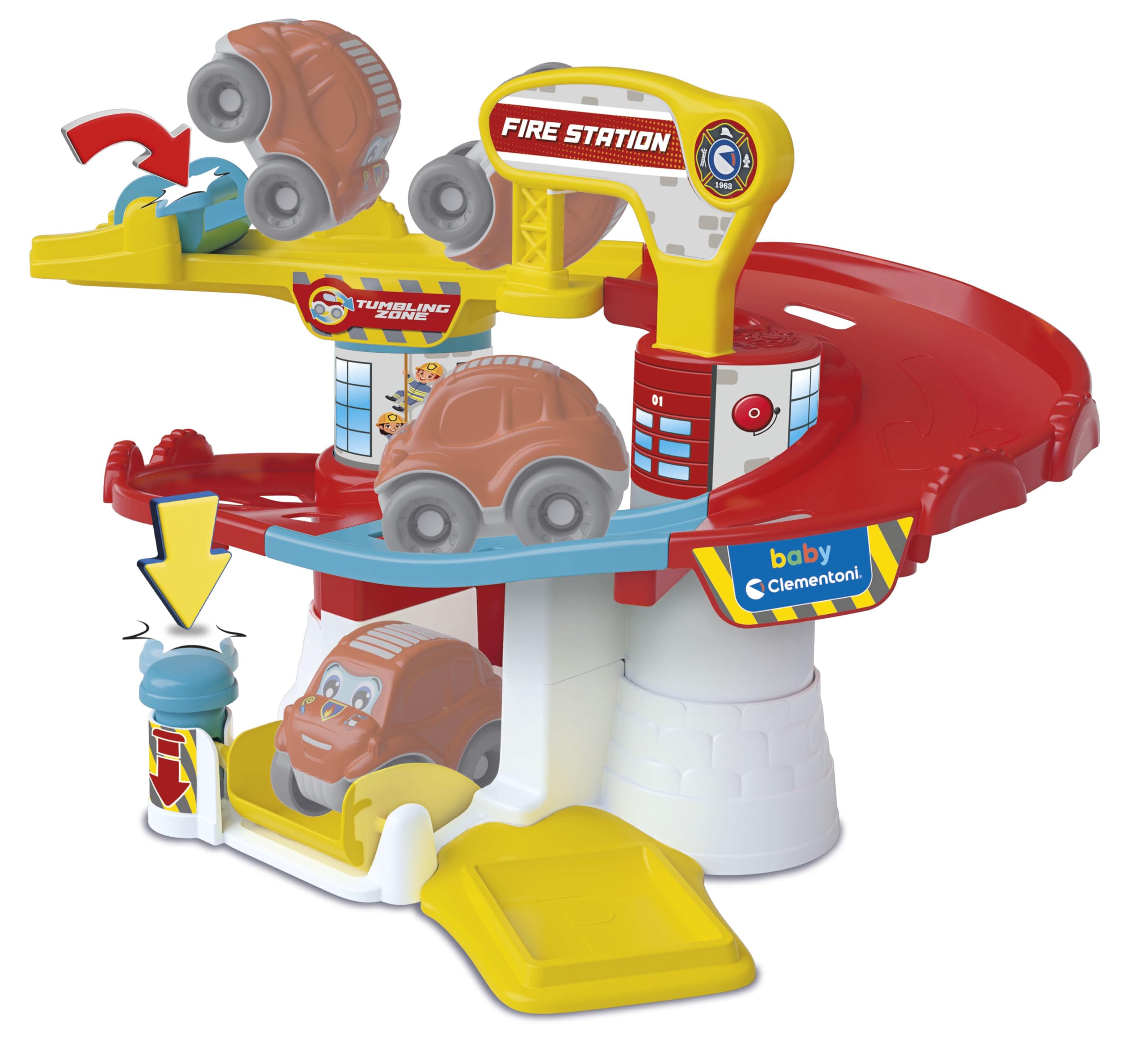 Clementoni Baby Fire Station, Pista Macchinine per Bambini 18+ Mesi, con 1 Macchinina Ribaltabile, Stimola Manualità e Curiosità, Gioco Prima Infanzia Made in Italy, Linea Play for Future, 17559