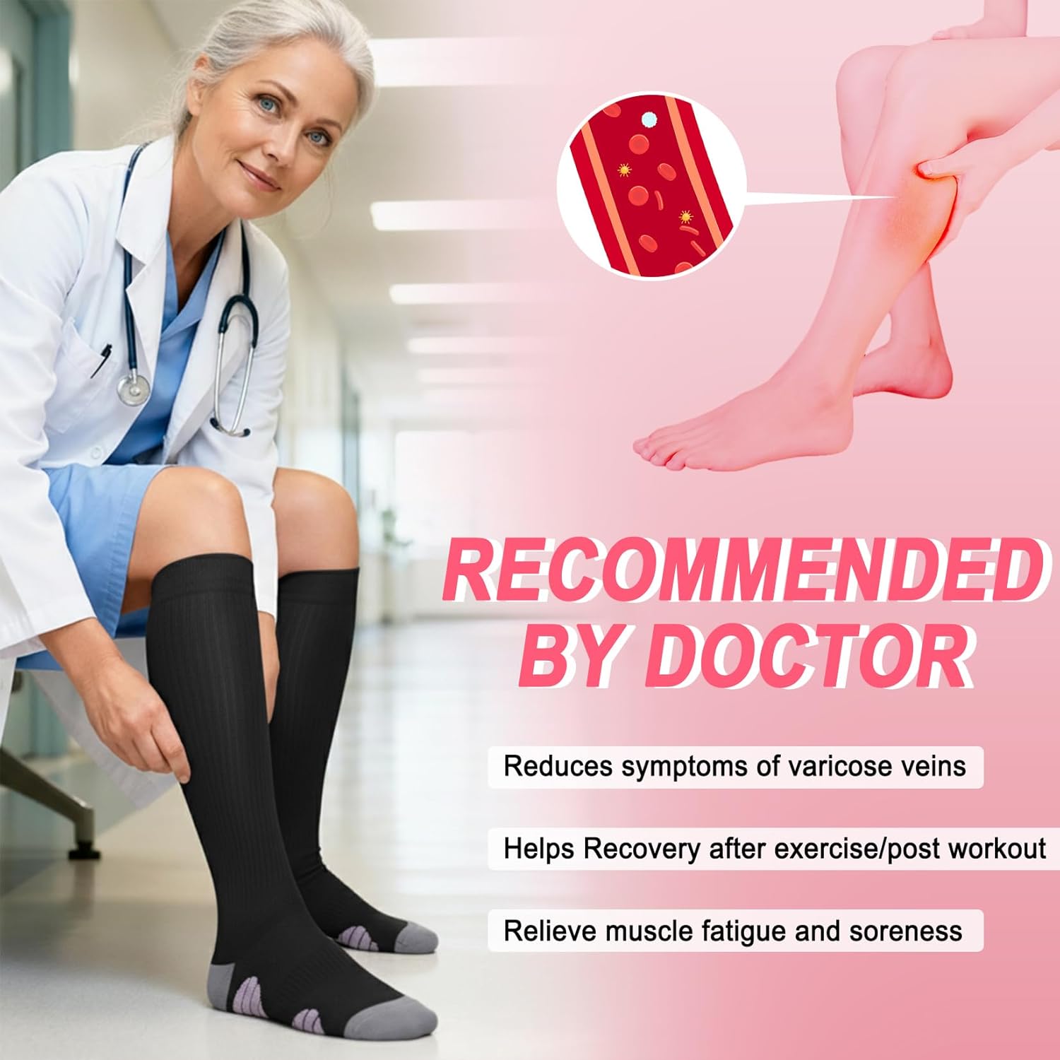 Iseasoo Thick Cotton Compression Socks for Women & Men 15-20mmHg,3 Pairs Knee High Soft sock for All Day Comfort with Cushion - Image 5