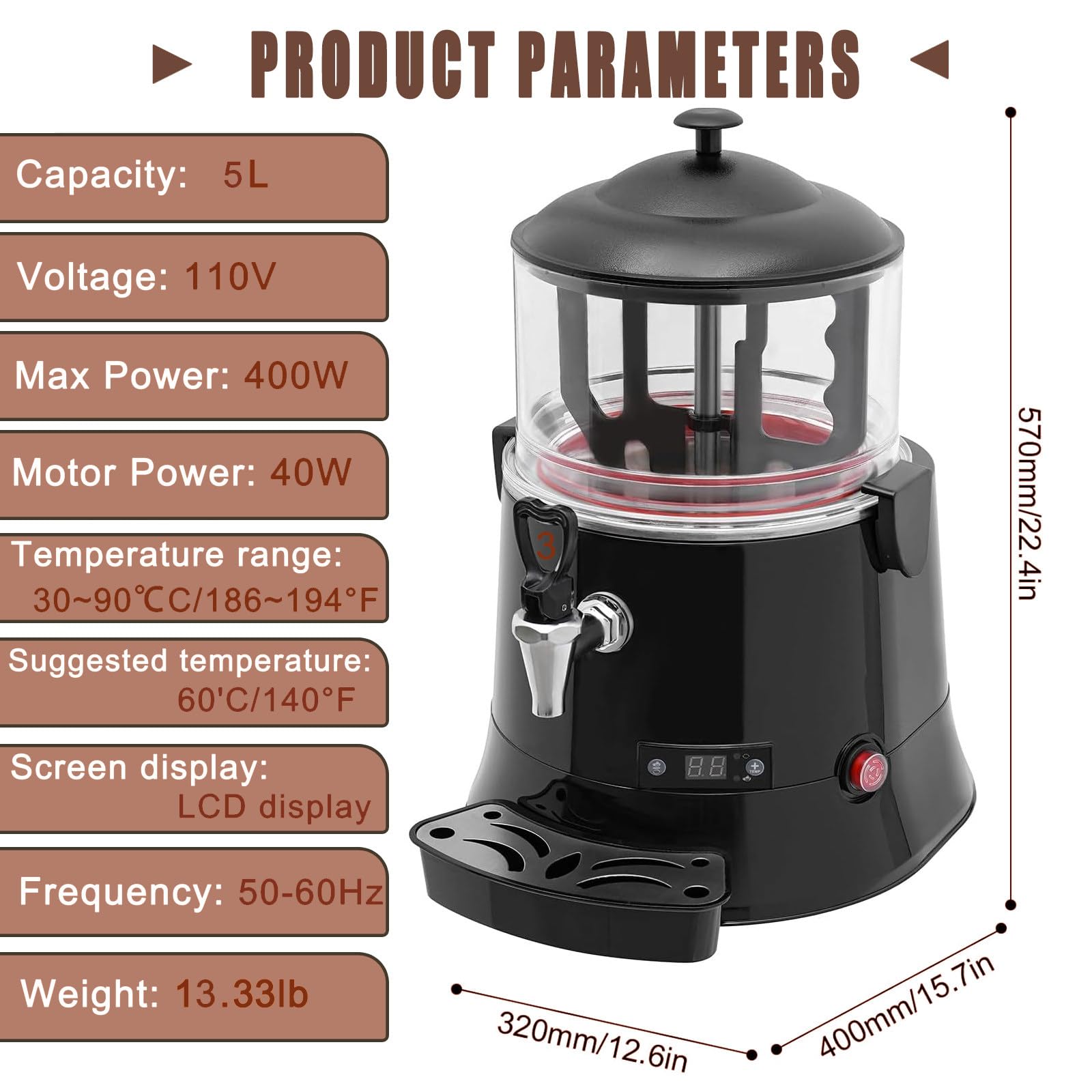 Machine À Chocolat Chaud Commerciale 10 L, Distributeur De Chocolat Chaud Électrique, pour Chocolat, Cuisine, Traiteur Red-5L
