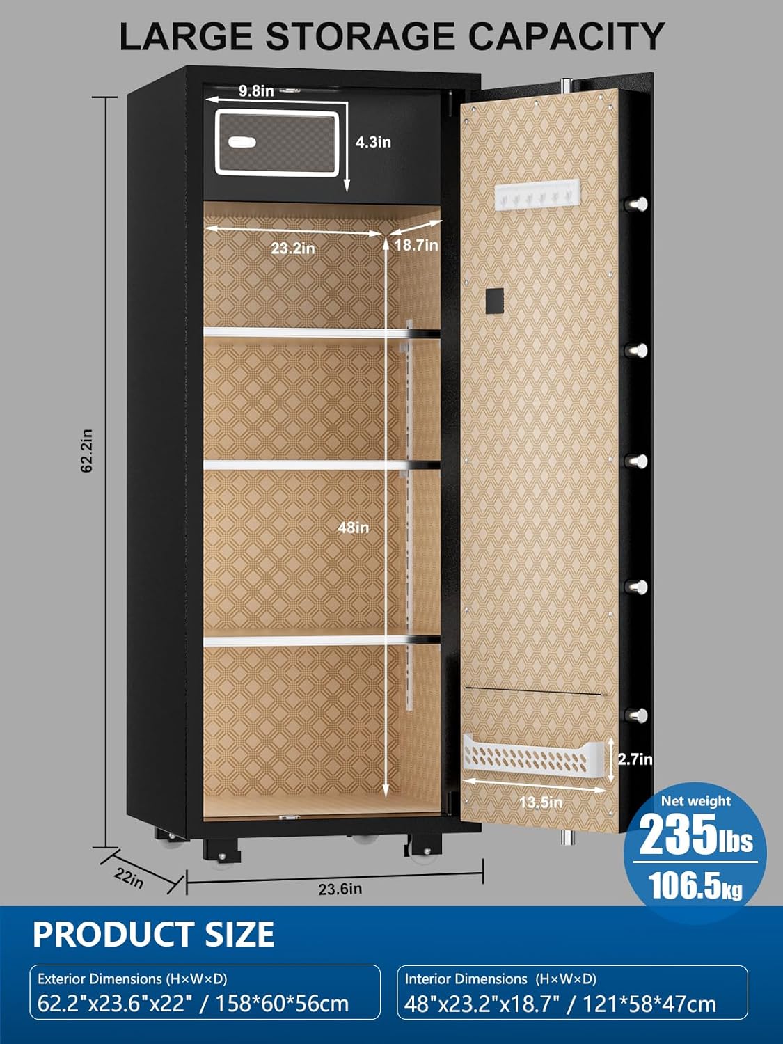 TIGERKING 17.6 Cu Ft Extra Large Home Security Safe – Touchscreen Lock, Heavy-Duty Steel Construction, Internal Compartment, Jewelry & Luxury Items, Ideal for Home or Office (Black, Classic Style)