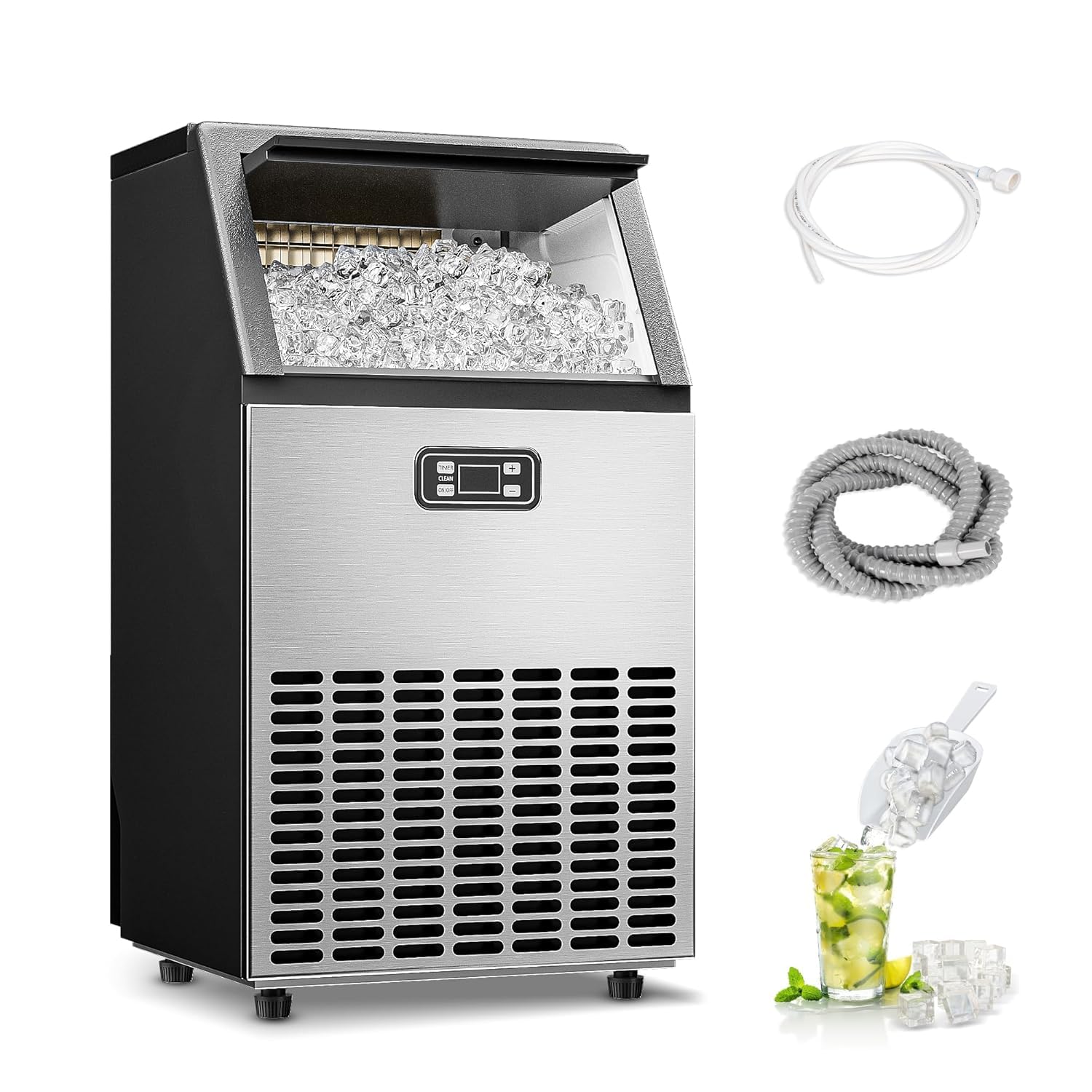 Commercial Ice Maker Machine, 100lbs/Daily Ice Production Under Counter Ice Maker, Self-Cleaning, Timer Stainless Ice Machine with 33lbs Ice Storage, Ideal for School, Home, Bar, RV