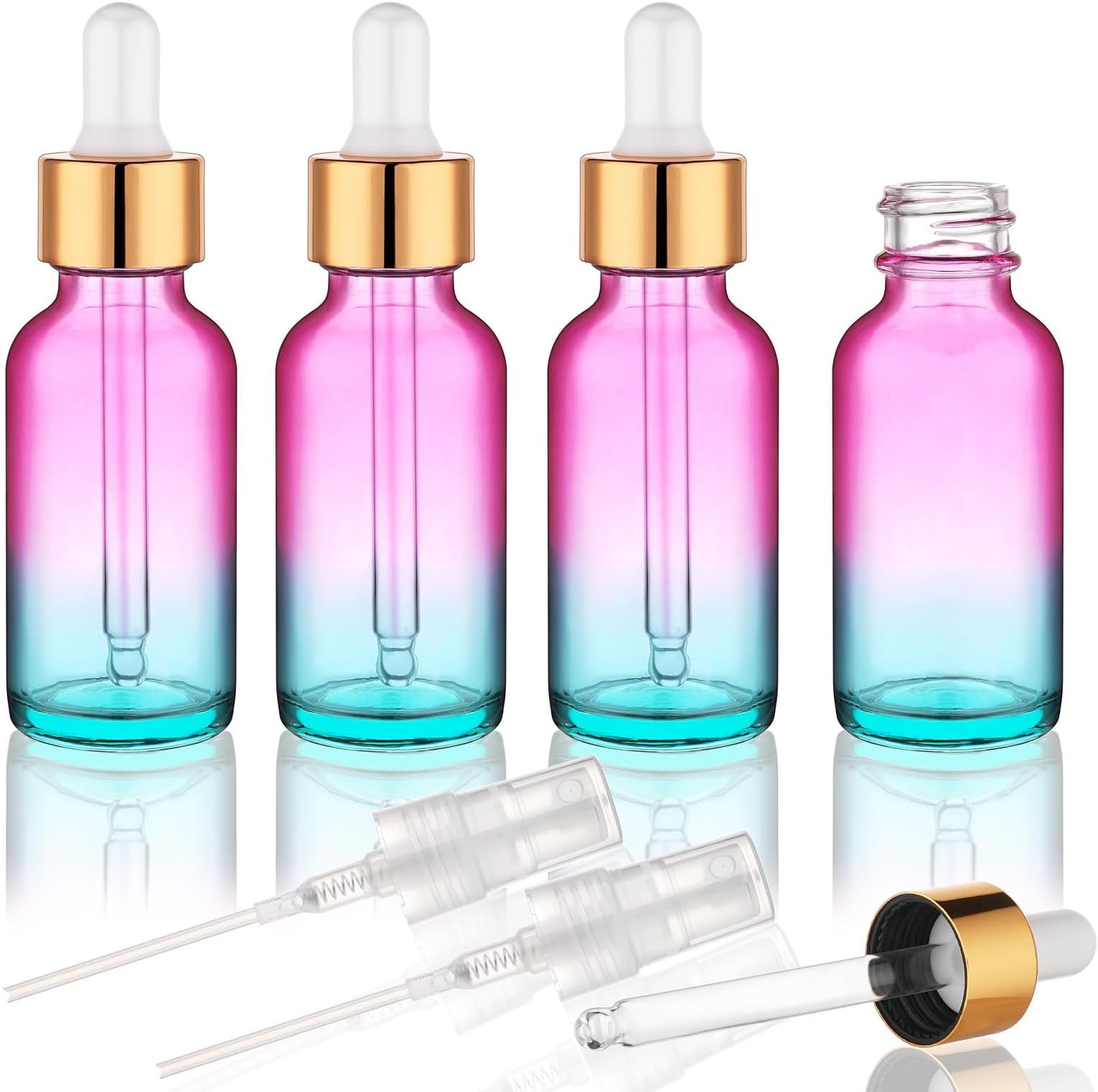 4 pack 30ml Glass Dropper Bottle with Extra 2 Spray Nozzles Rainbow Colored Thick Glass Tincture Bottles Leakproof Travel Essential Oils Bottles