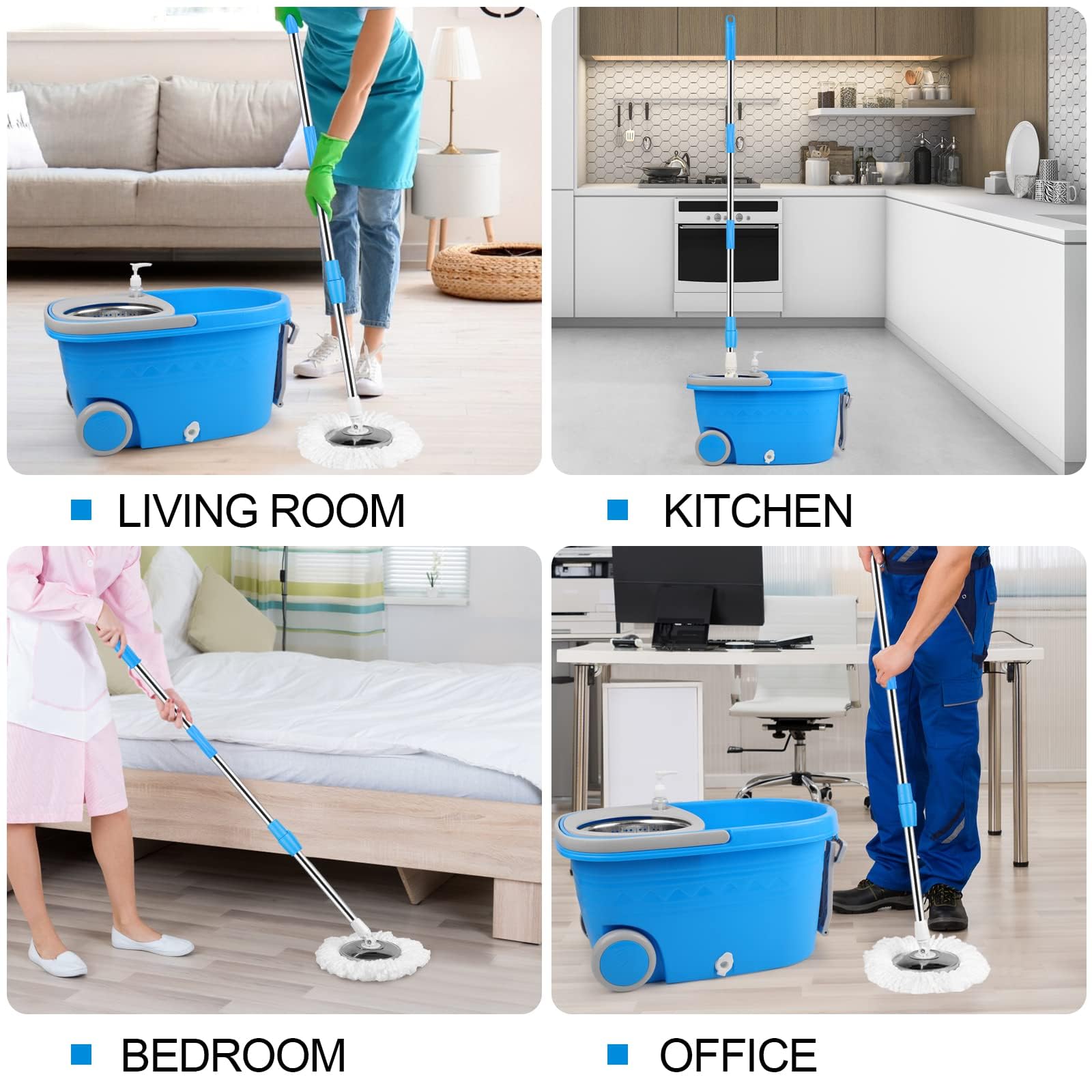 Juego de fregona y cubeta con escurridor, 3 almohadillas de microfibra lavables incluidas para la limpieza del suelo, mango de acero inoxidable ajustable, fácil de mover con ruedas, azul/gris