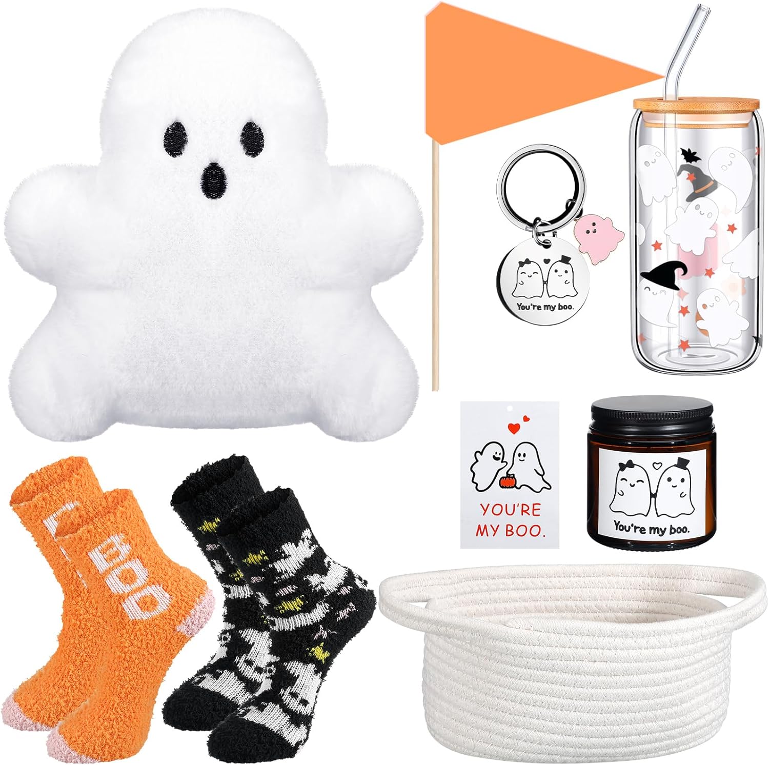 LemonRoad 9 Pcs Boo Basket Stuffers for Women Halloween Boo Basket Items Gift Set with Ghost Plush Toy Spooky Glass Cup Scented Candle Socks for Her Women Adults Wife Girlfriend Friend(Fashion)