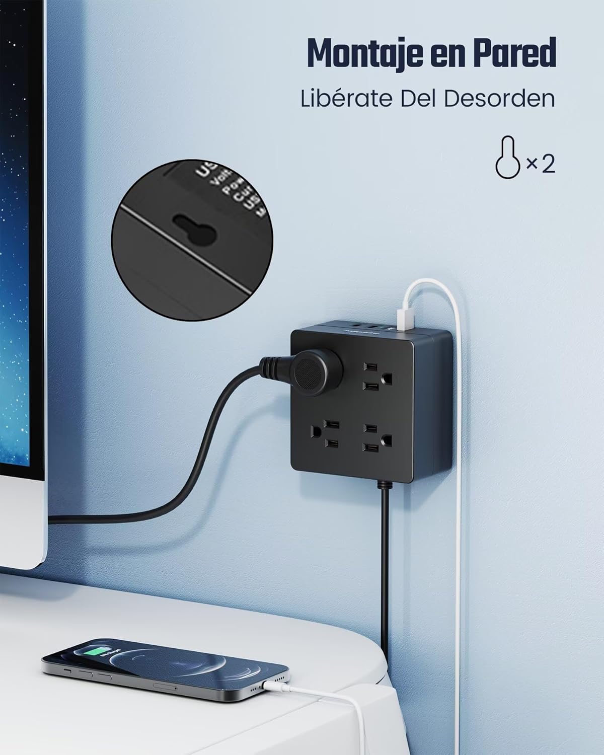 Power Strip, SUPERDANNY 4-Outlet 4-USB Surge Protector, 5 Ft Extension Cord, 900 Joules, Overload Switch, Grounded, Mountable, Desktop Charging Station for Home, Office, School, Dorm, Computer, Black