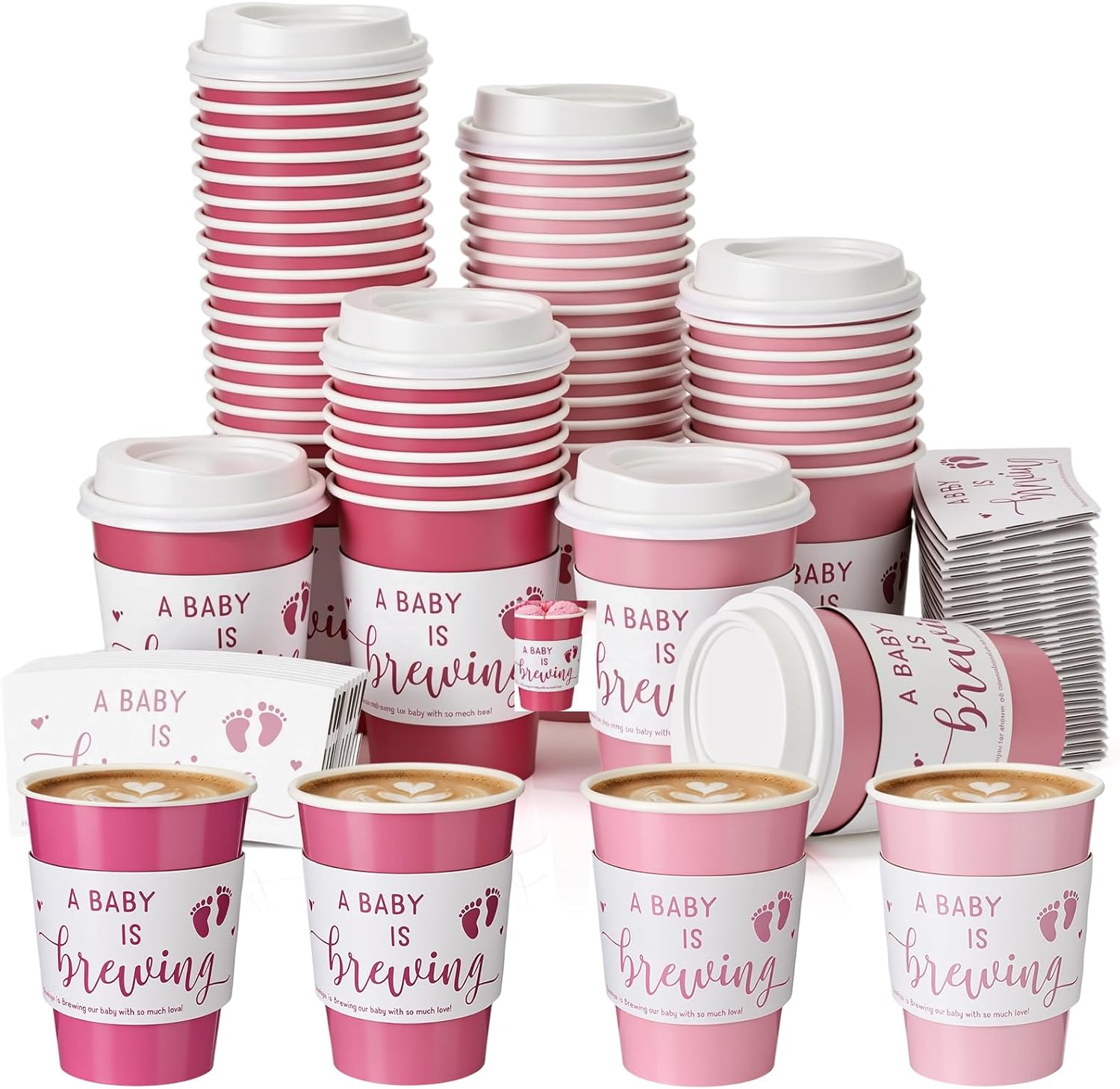 Jingmore 50 Sets Baby Shower Party Cups for Guests A Baby Is Brewing 12 oz Coffee Cup with Lids Sleeves Disposable Paper Cup Tea Party Supplies for Hot Iced Juice or Tea (Gradient Pink)