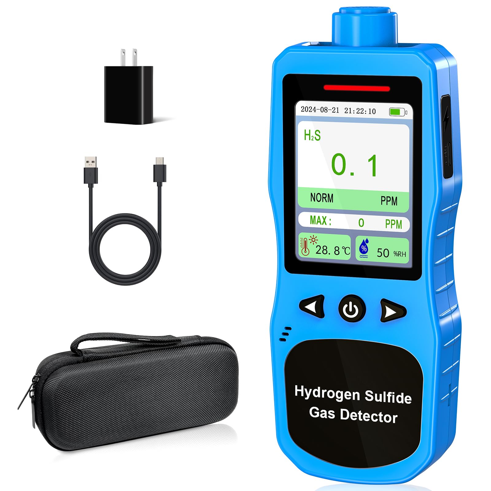Monitor H2S 0-100PPM, Analizzatore di Gas Solfuro di Idrogeno, Misuratore di Qualità Dell'Aria Ricaricabile per Solfuro di Idrogeno con Tester di Temperatura e Umidità, Blu