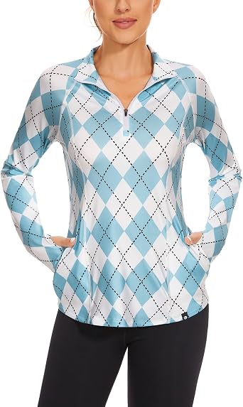 Soneven Long Sleeve Golf Polo Shirts for Women Stand Up Collar Tops Athletic Half Zip Pullover with Thumb Holes Pocket