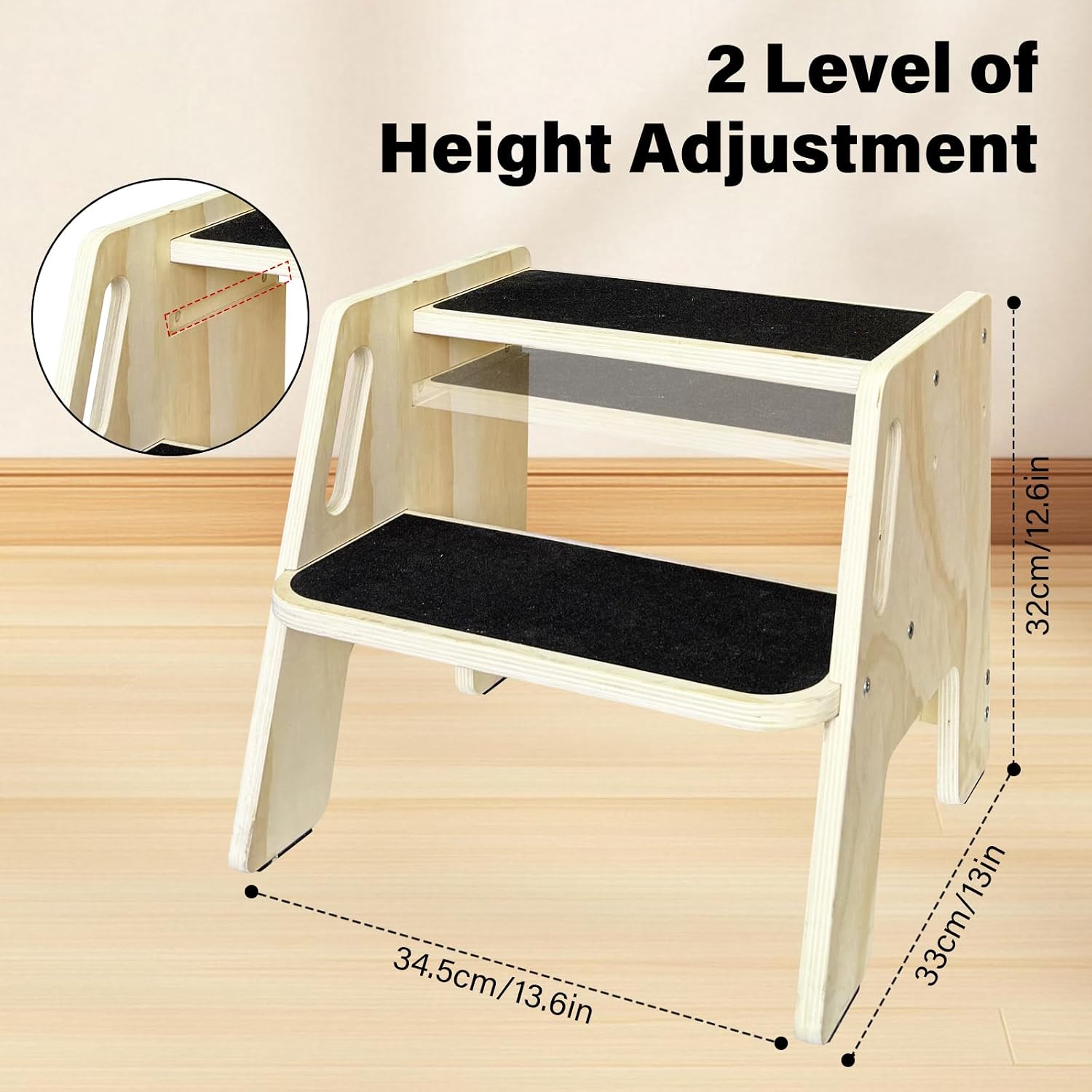 Wooden 2-Step Stools for Kids Adults, Stepstools for Toddler Traning with Handles & Non Slip Rubber Feets, Portable Stool with Large Load-Bearing Capacity, for Bathrooms Kitchens Bedrooms