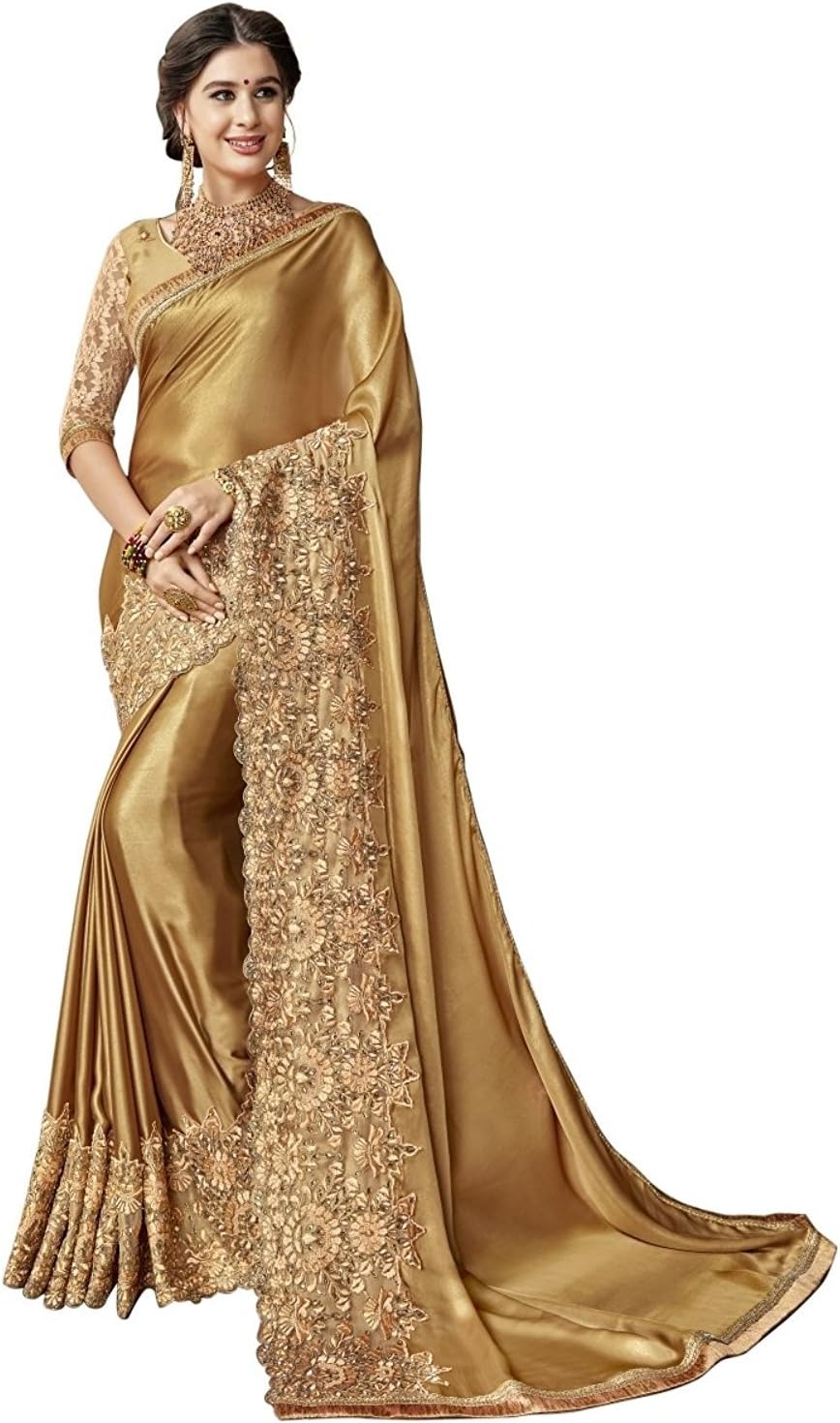 MOHIT CREATIONS Weddingwear Designer Saree with Unstitched Blouse (Golden)