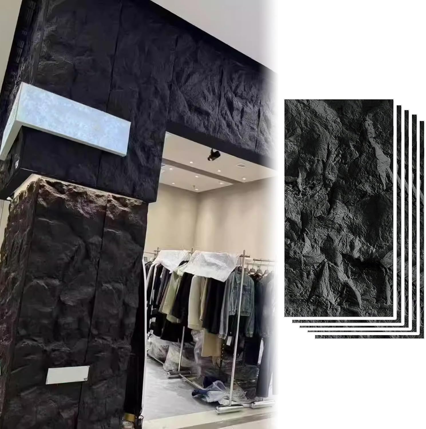 Panel de Pared 3D de Piedra Artificial - Revestimiento de Pared de PU Impermeable for Interior y Exterior, 120 x 60 cm, Negro(5 Pack)