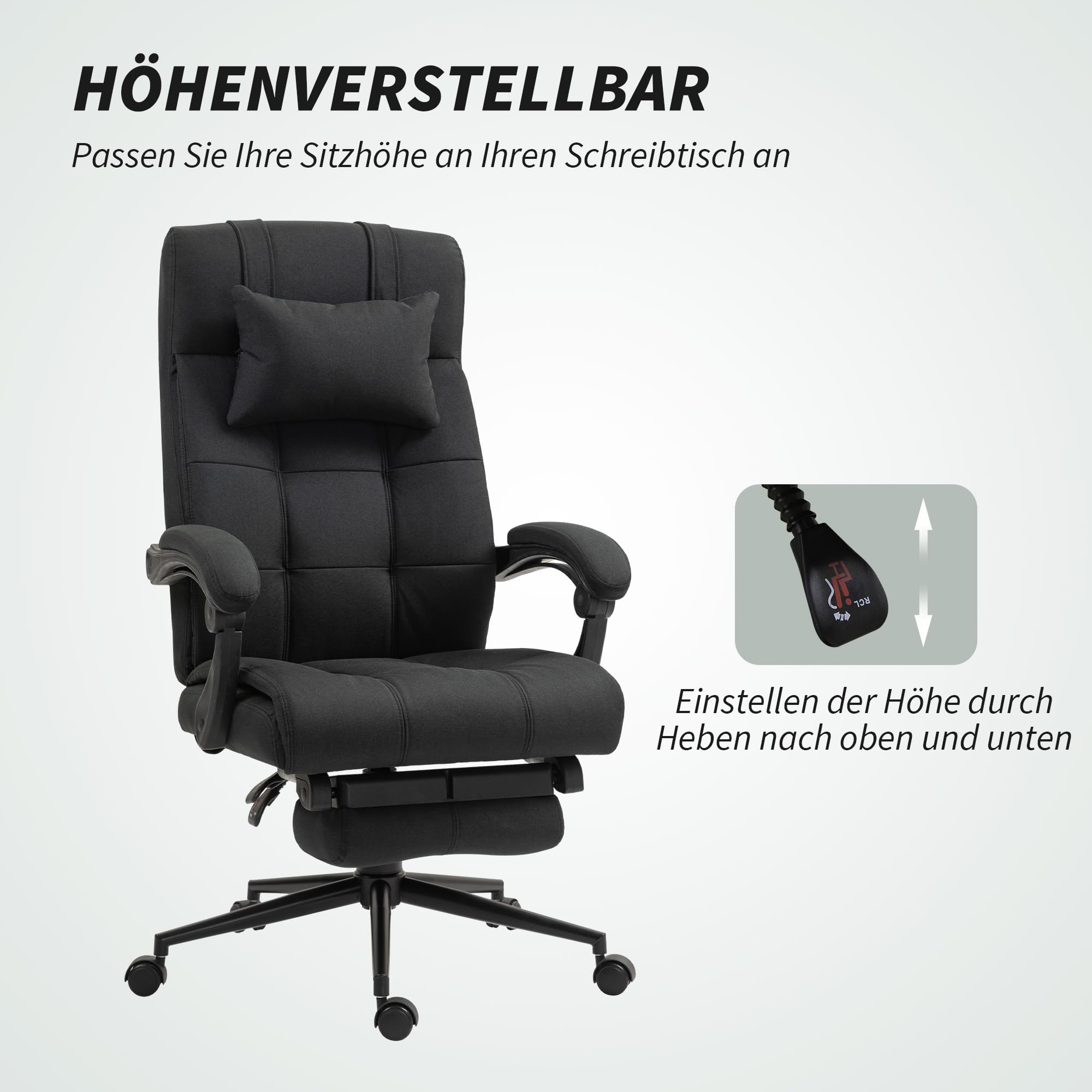 Vinsetto Bürostuhl mit Liegefunktion Kopfkissen Fußstütze Schwarz
